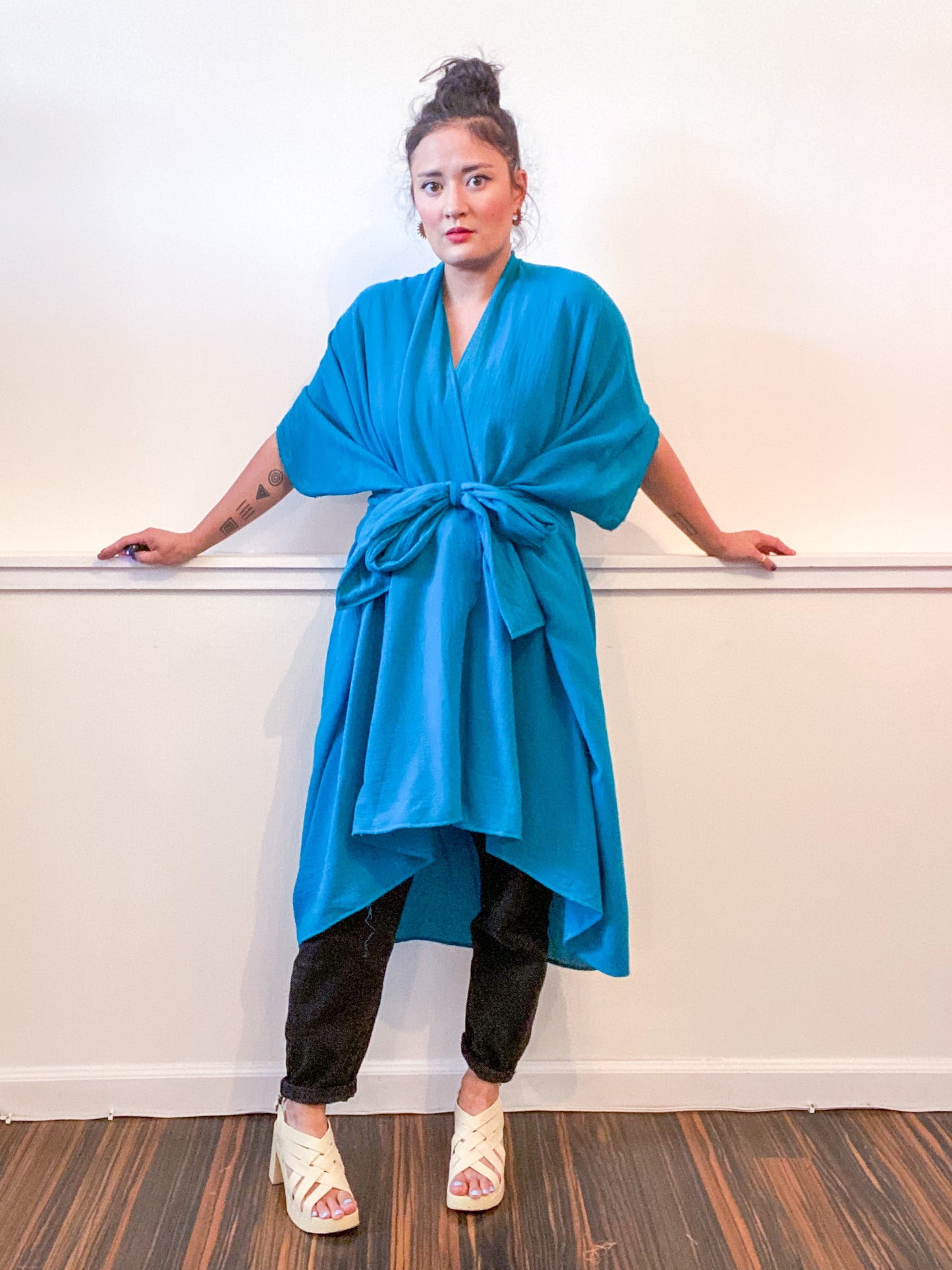 Solid High Low Kimono Turquoise Cotton Gauze