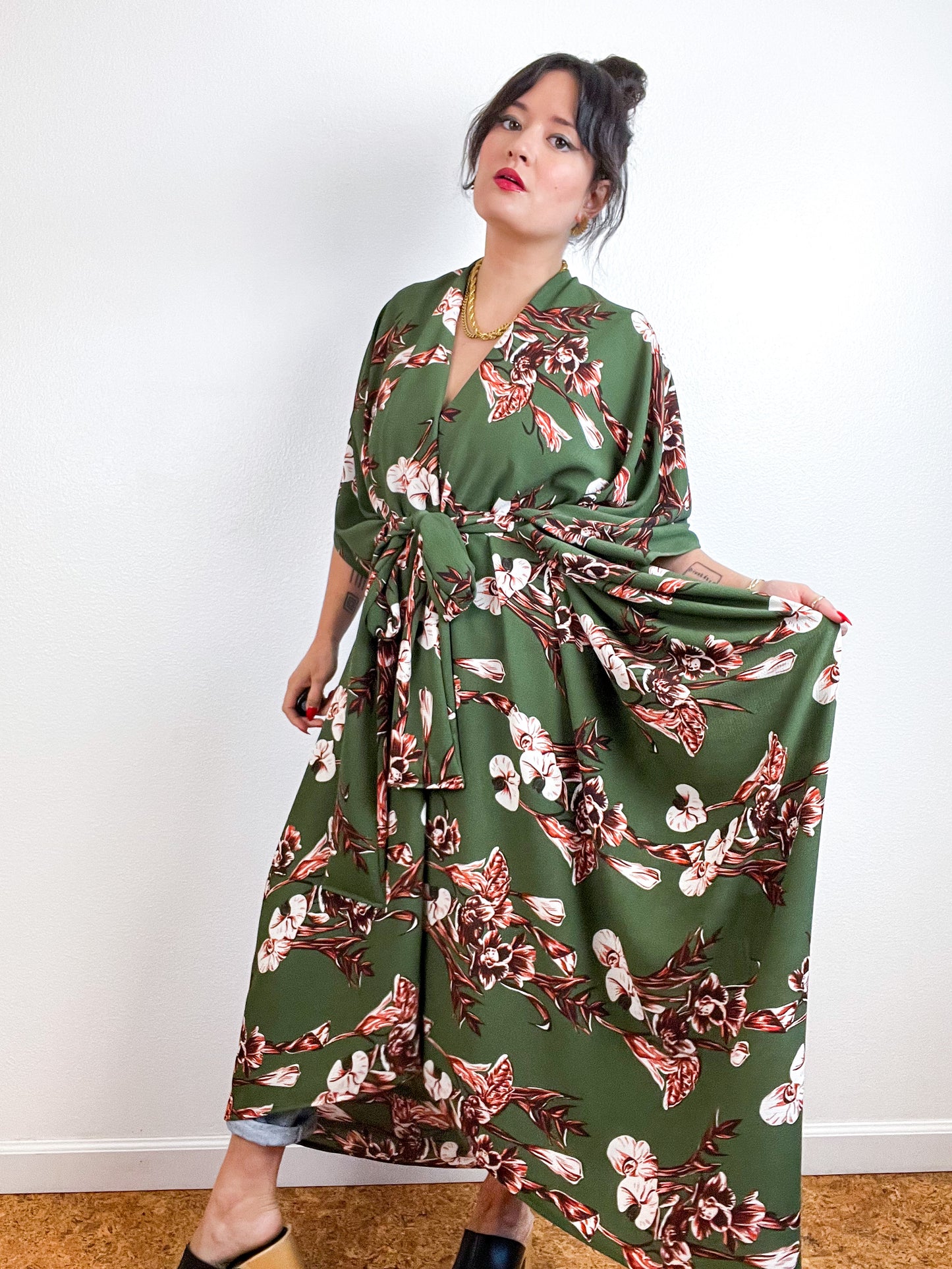 Print High Low Kimono Olive Rust Orchid Bubble Crepe