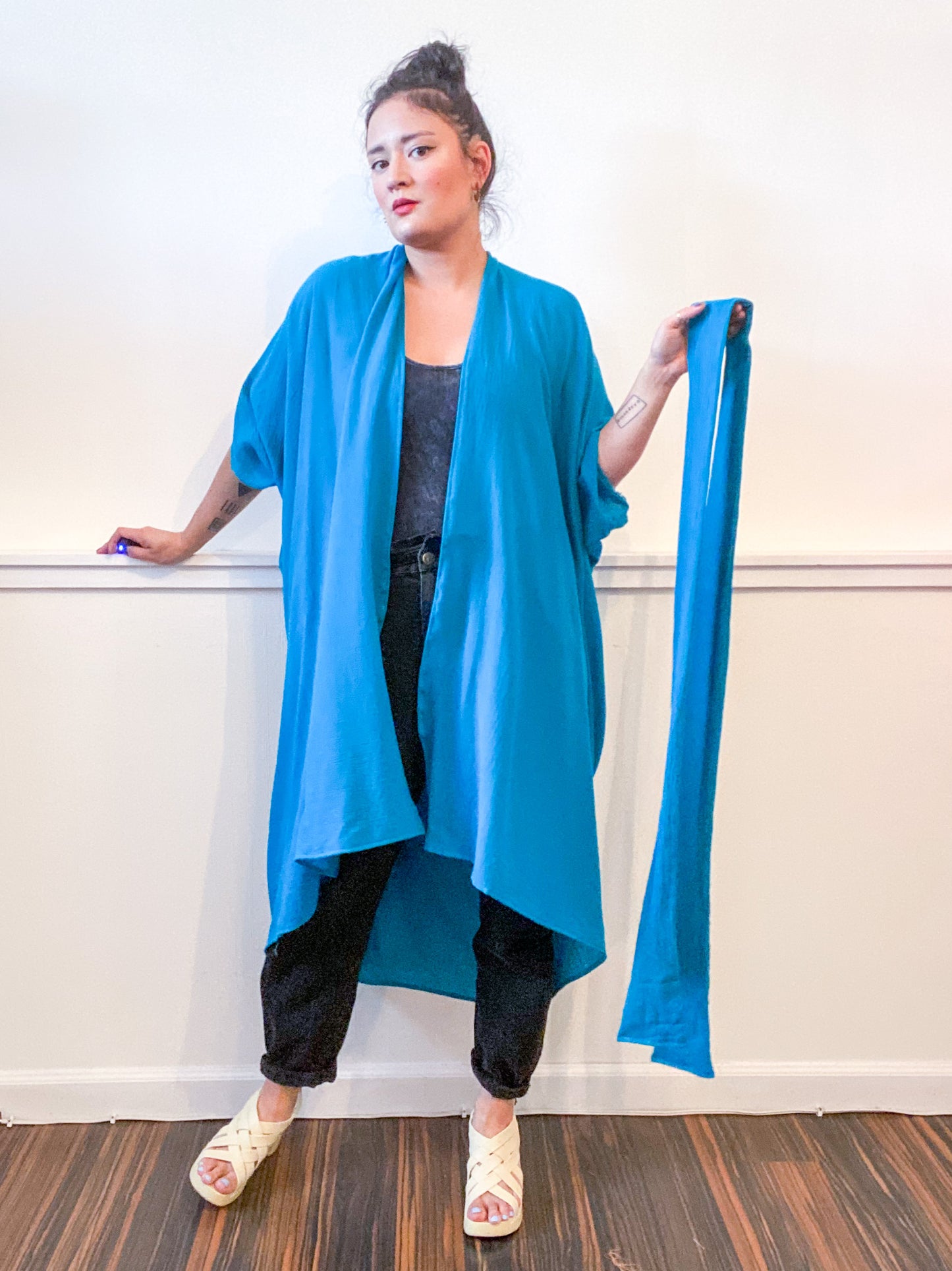 Solid High Low Kimono Turquoise Cotton Gauze