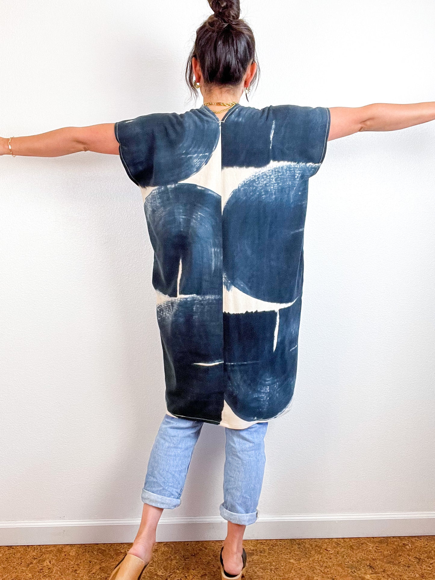 Hand-Dyed Mini Smock Dress Ecru Black Brush