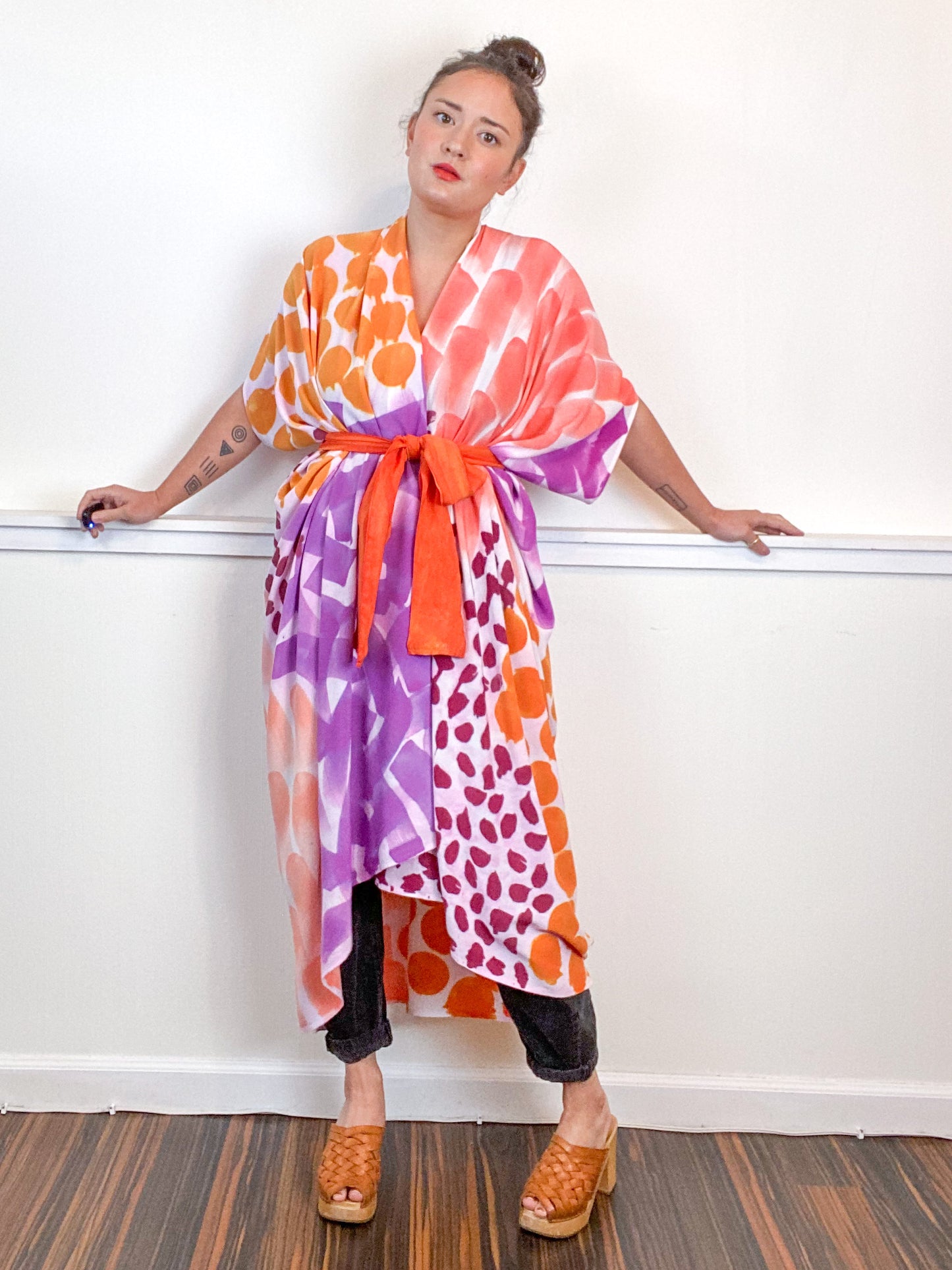 OOAK Hand-Dyed High Low Kimono Coral Tangerine Maroon Raspberry