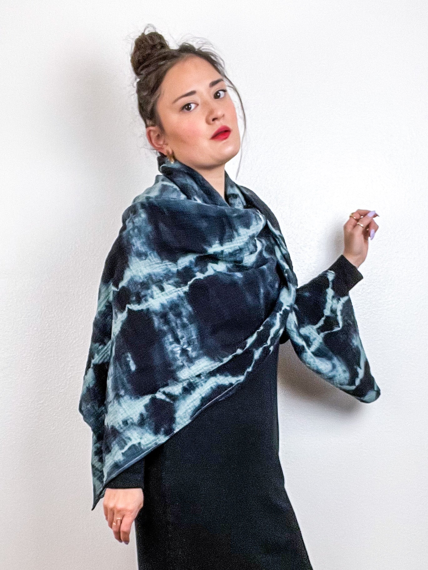Hand-Dyed Cotton Blanket Scarf Sage Black Lines