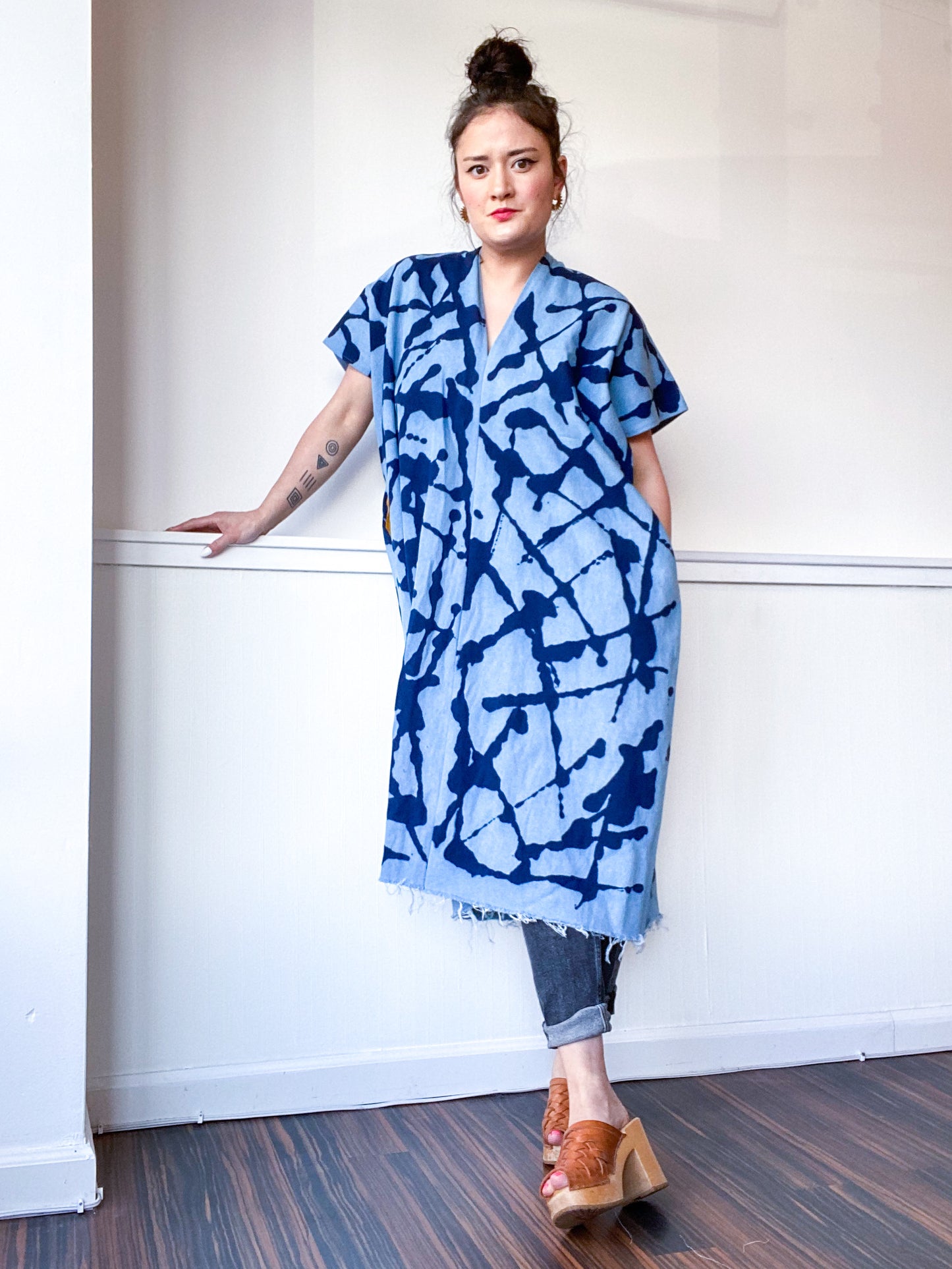 Denim Midi Smock Dress Indigo Lines Size Medium