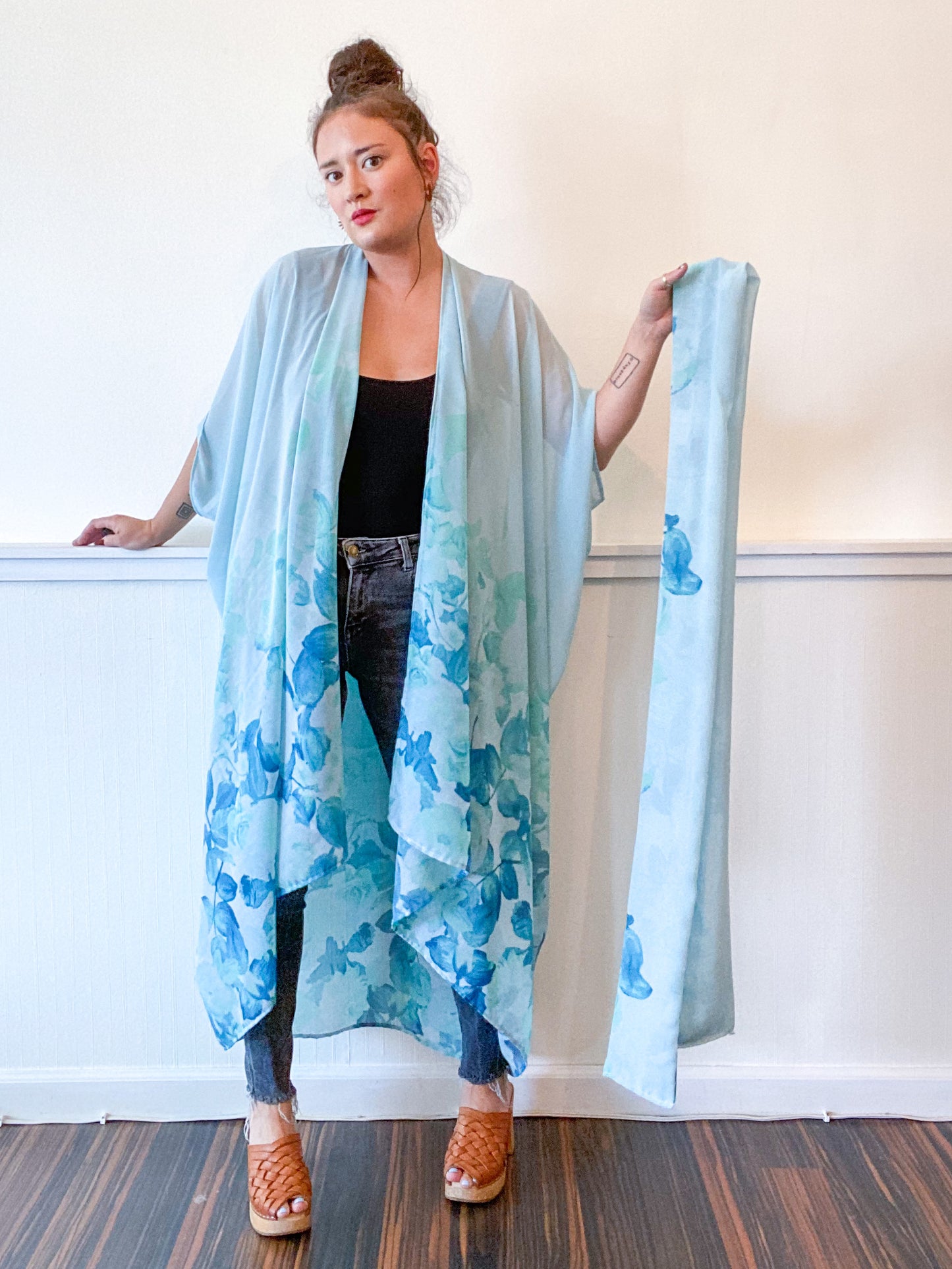 Print High Low Kimono Aqua Ombré Floral Chiffon