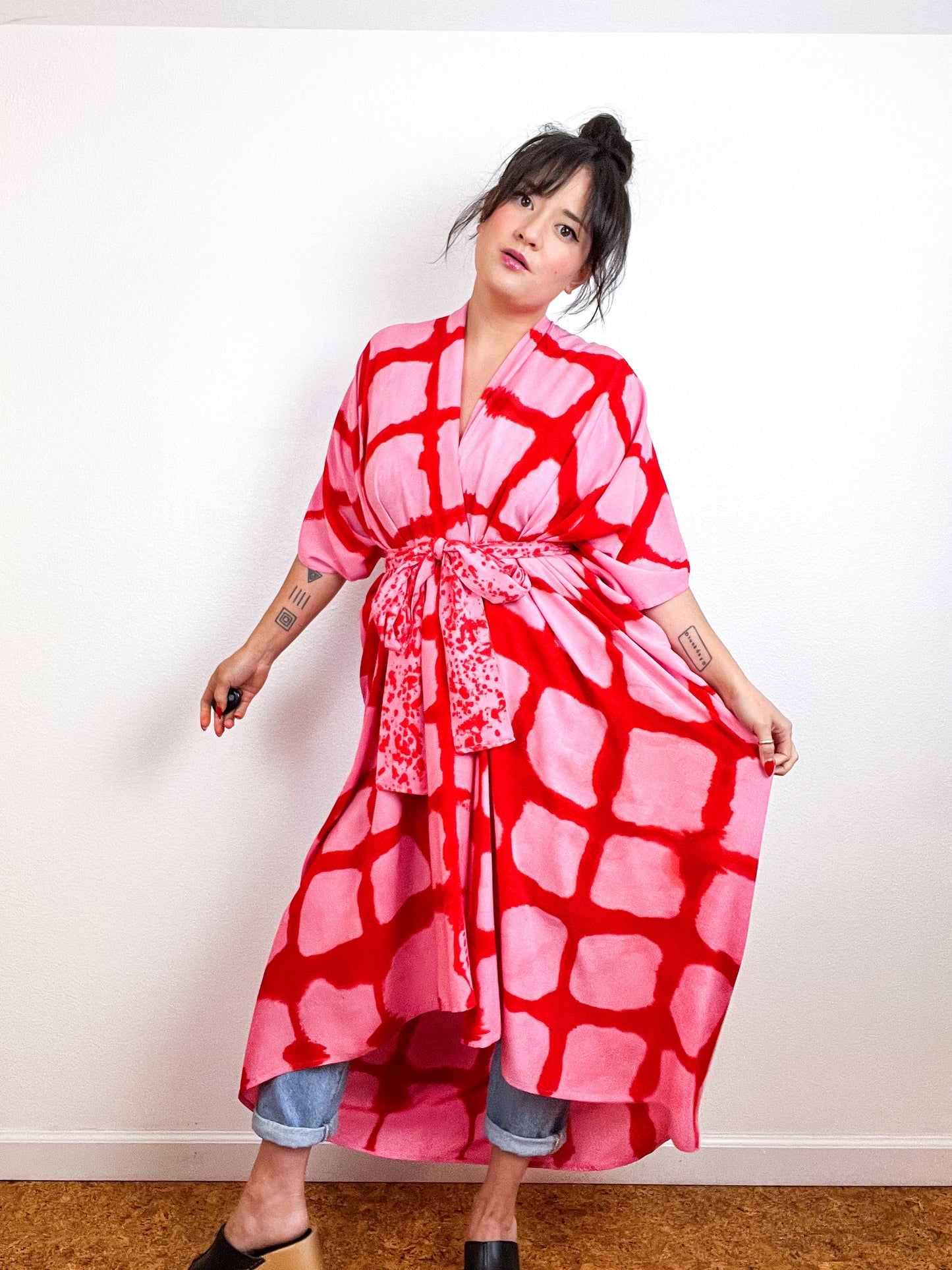 Hand-Dyed High Low Kimono Pink Scarlet Windowpane