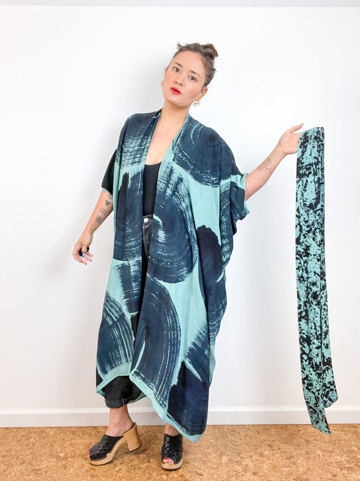 Hand-Dyed High Low Kimono Aqua Black Brushstroke