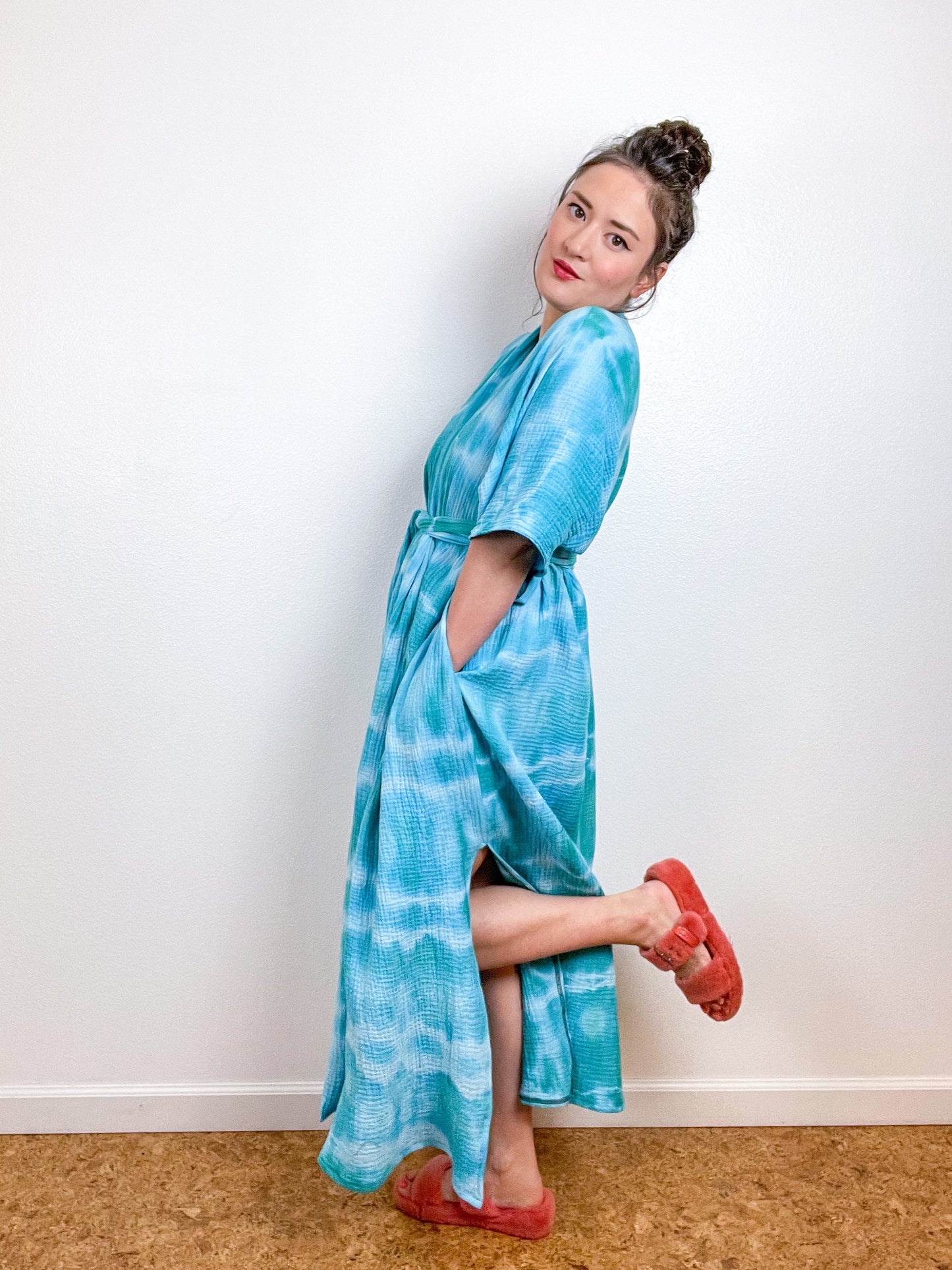 Double Gauze Duster Kimono Aqua Tie