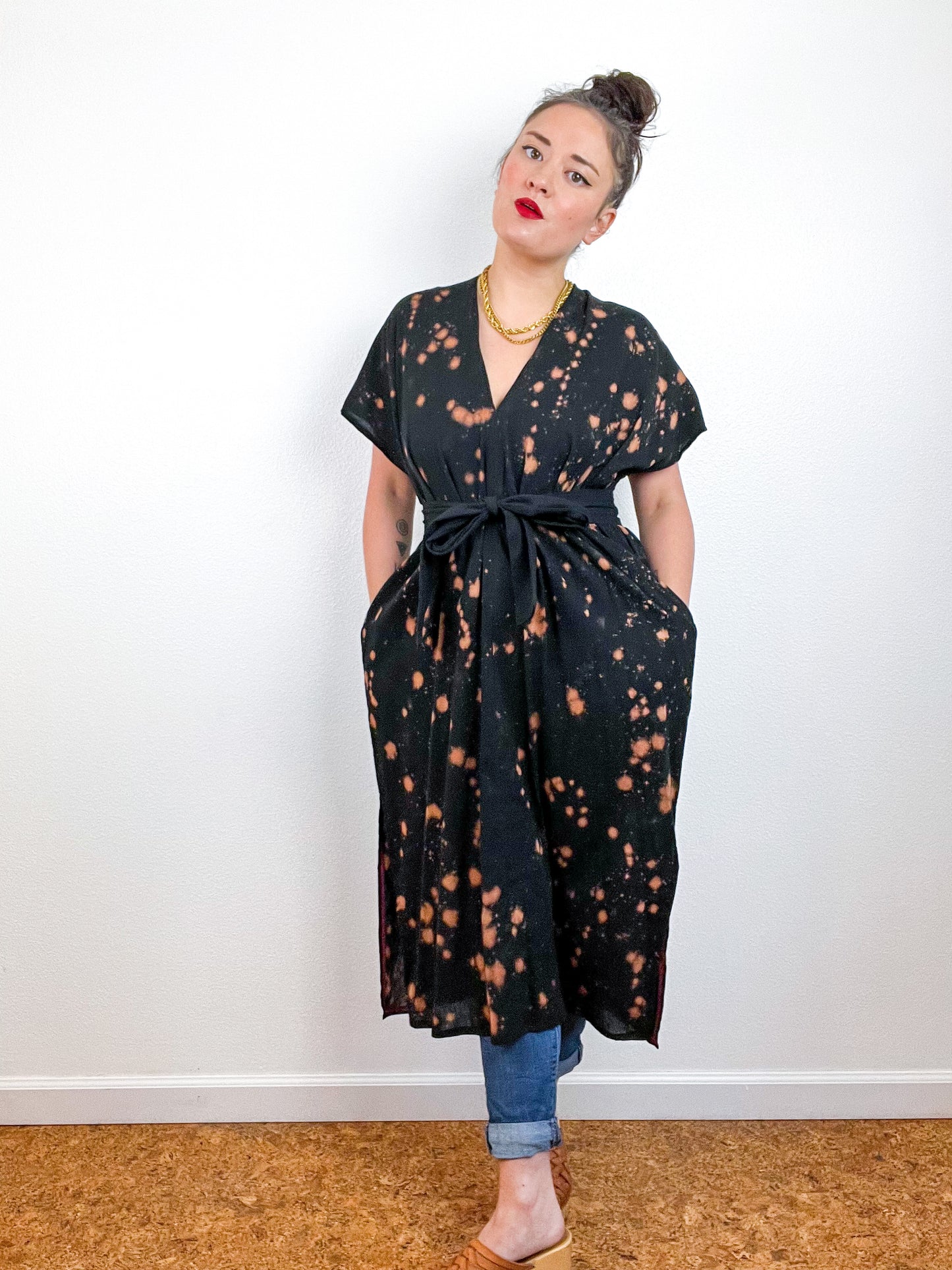 Single Gauze Midi Caftan Dress Black Rust Speckle