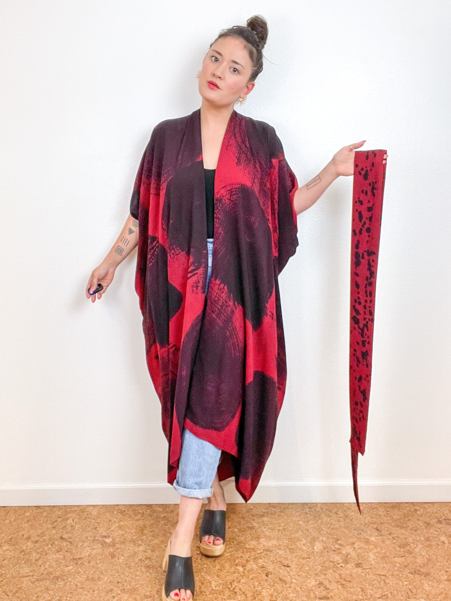 Hand-Dyed High Low Kimono Crimson Black Brushstroke