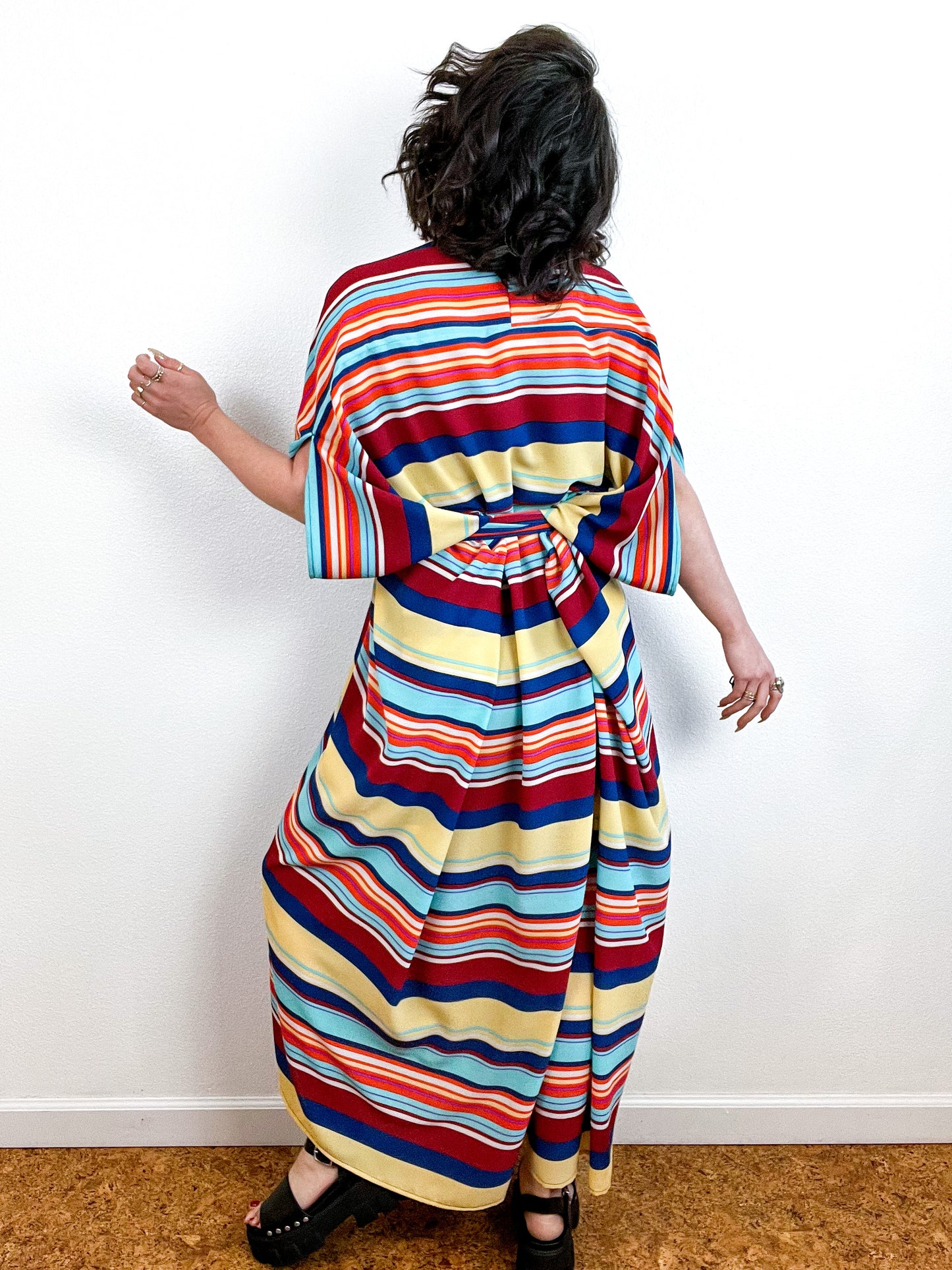 Print High Low Kimono Aqua Orange Yellow Stripe Bubble Crepe