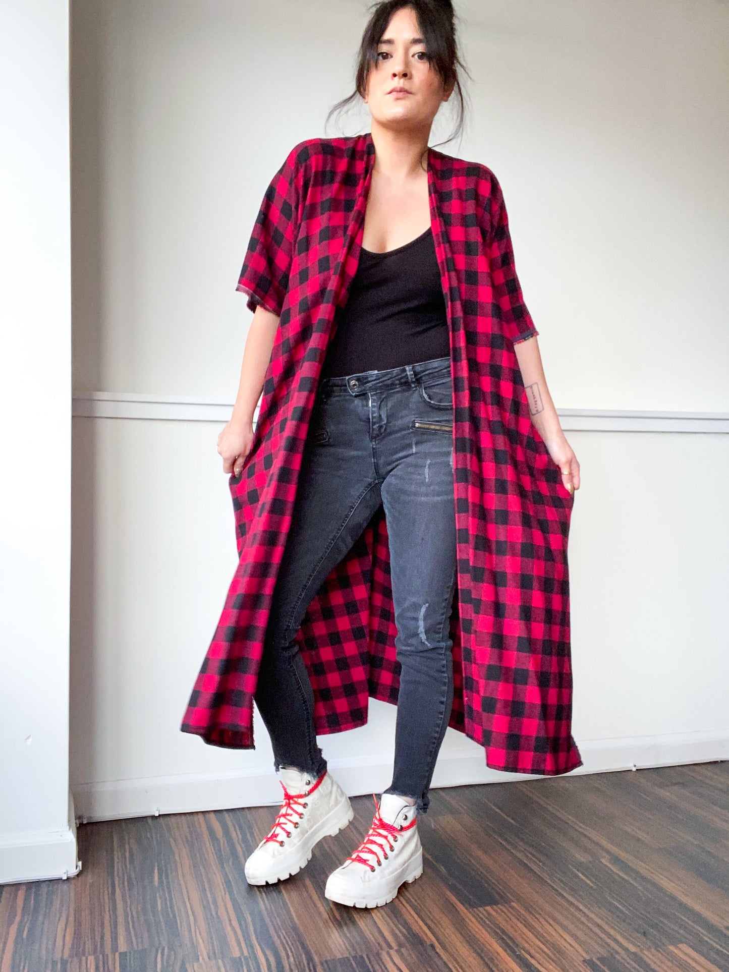 Everyday Midi Kimono Dress Plaid Red Check