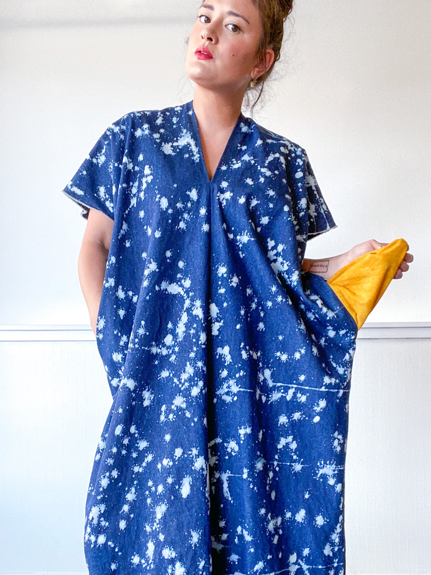 Denim Midi Smock Dress Bleach Speckle