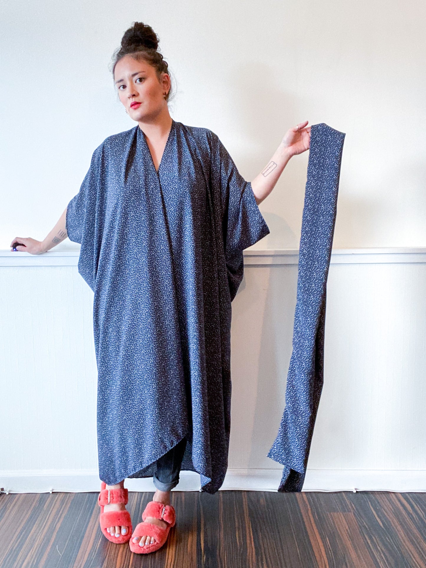 Print High Low Kimono Navy Mini Dots Crepe de Chine