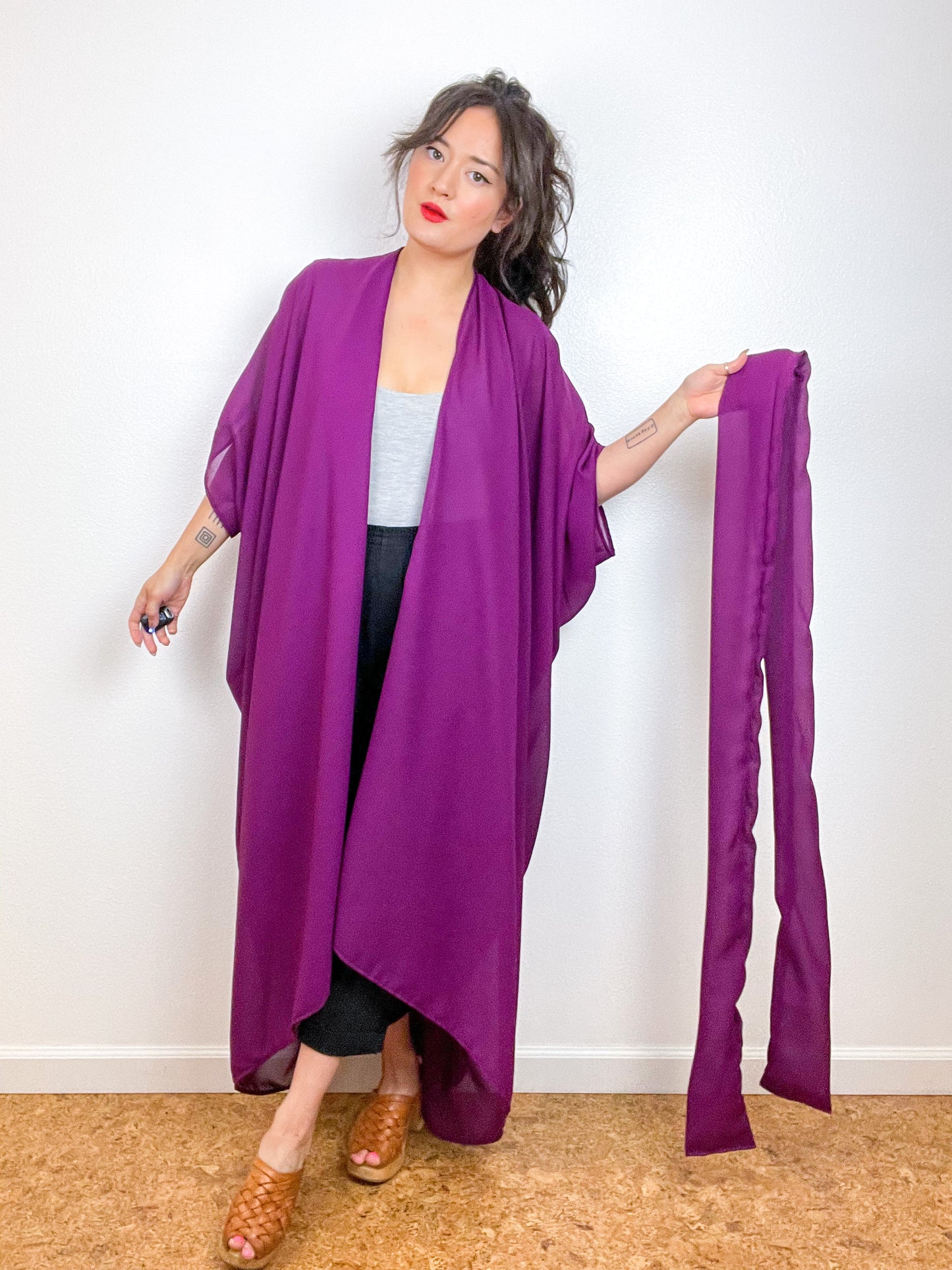 Solid High Low Kimono Plum Georgette