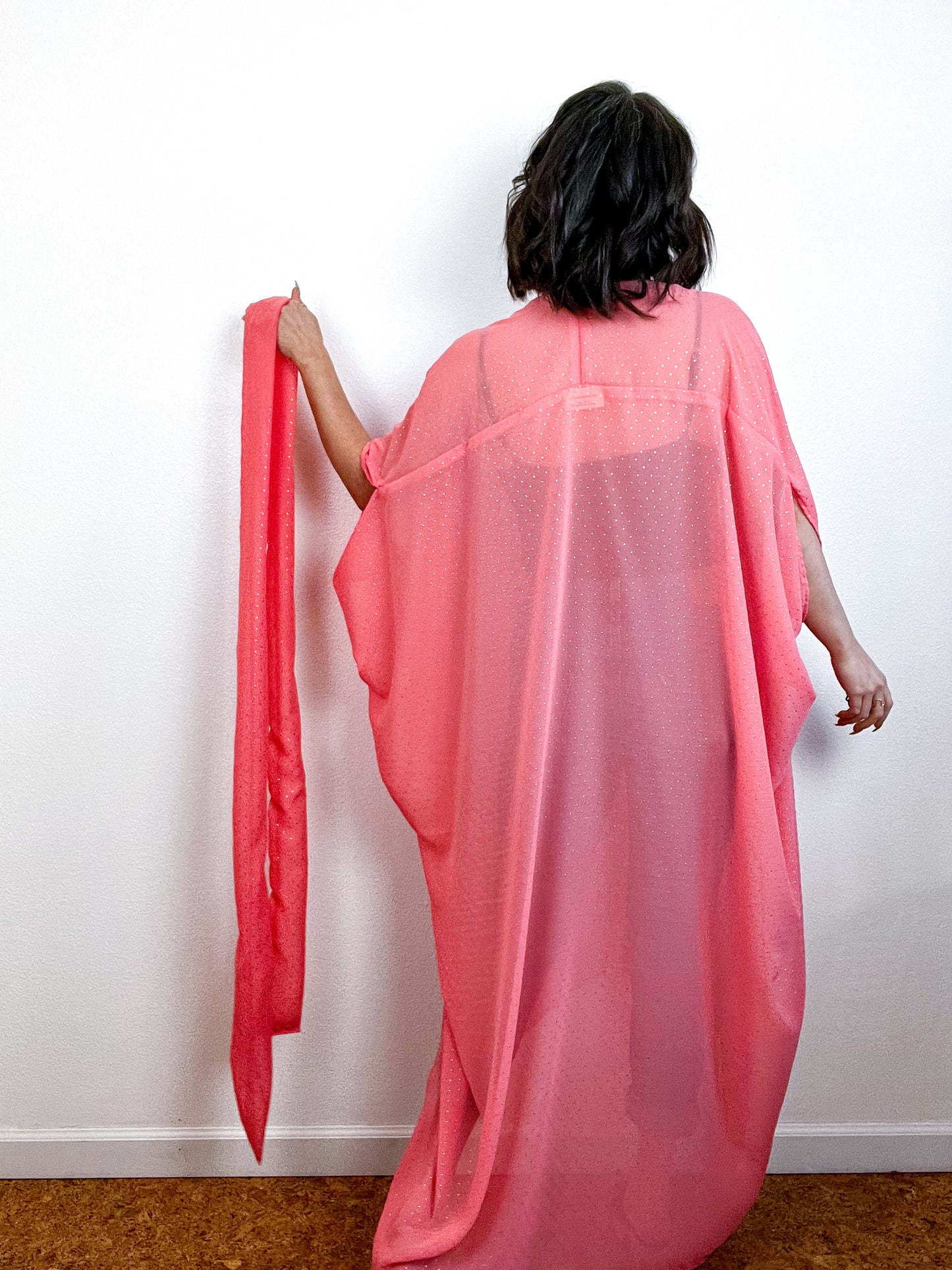 Print High Low Kimono Coral Gold Pindot Chiffon
