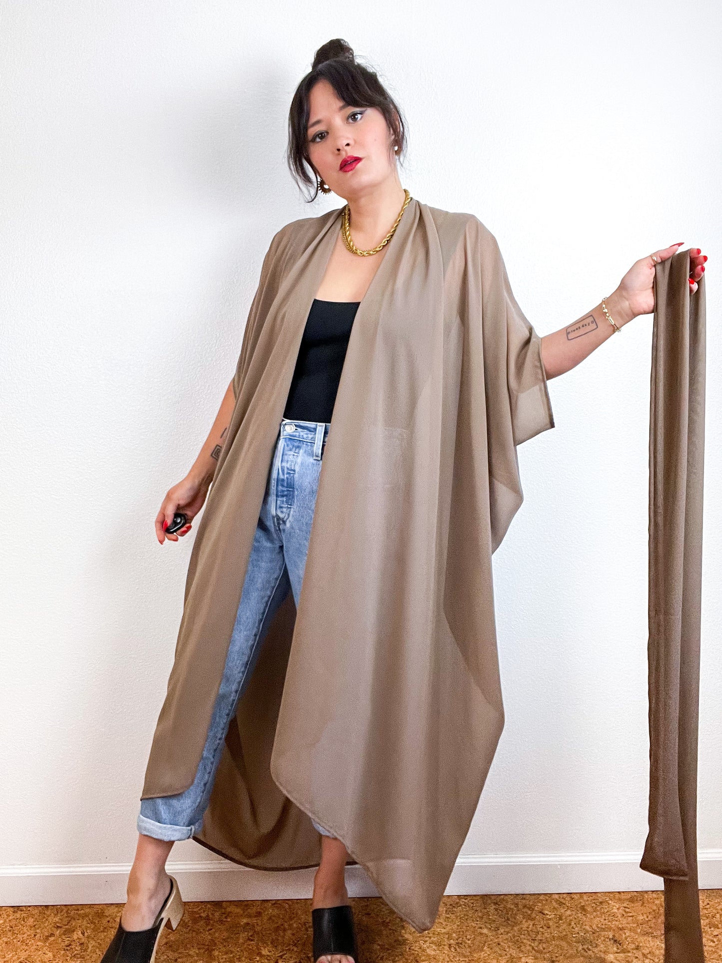 Solid High Low Kimono Cocoa Chiffon