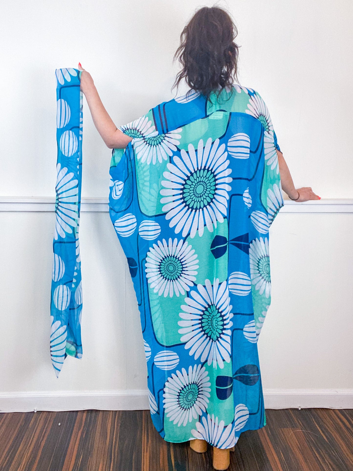 Print High Low Kimono Turquoise Pop Floral Crinkle Chiffon