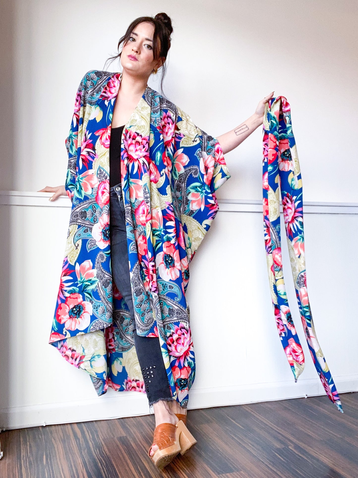 Print High Low Kimono Blue Paisley