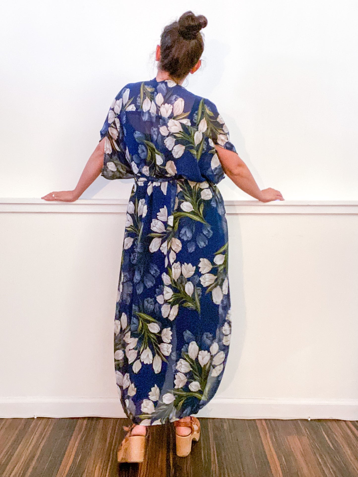 Print High Low Kimono Navy Tulips Chiffon