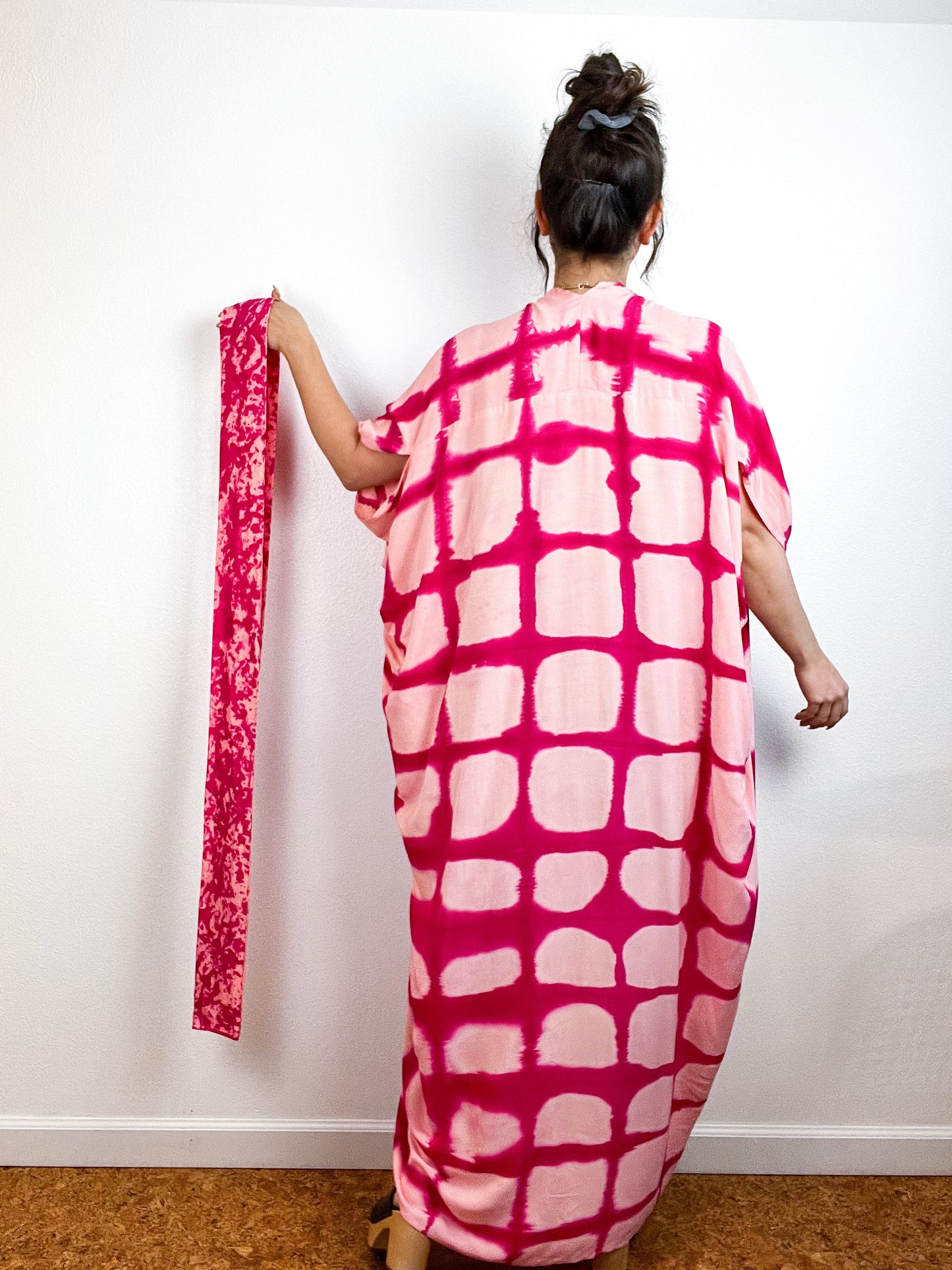 Hand-Dyed High Low Kimono Peach Fuchsia Windowpane