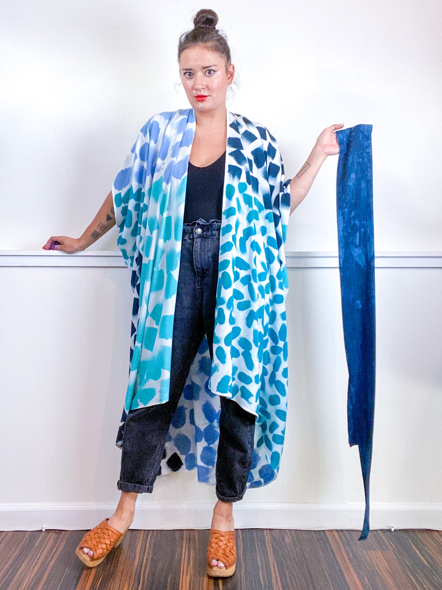 OOAK Hand-Dyed High Low Kimono Teal Parakeet Baby Blue Aqua Dots