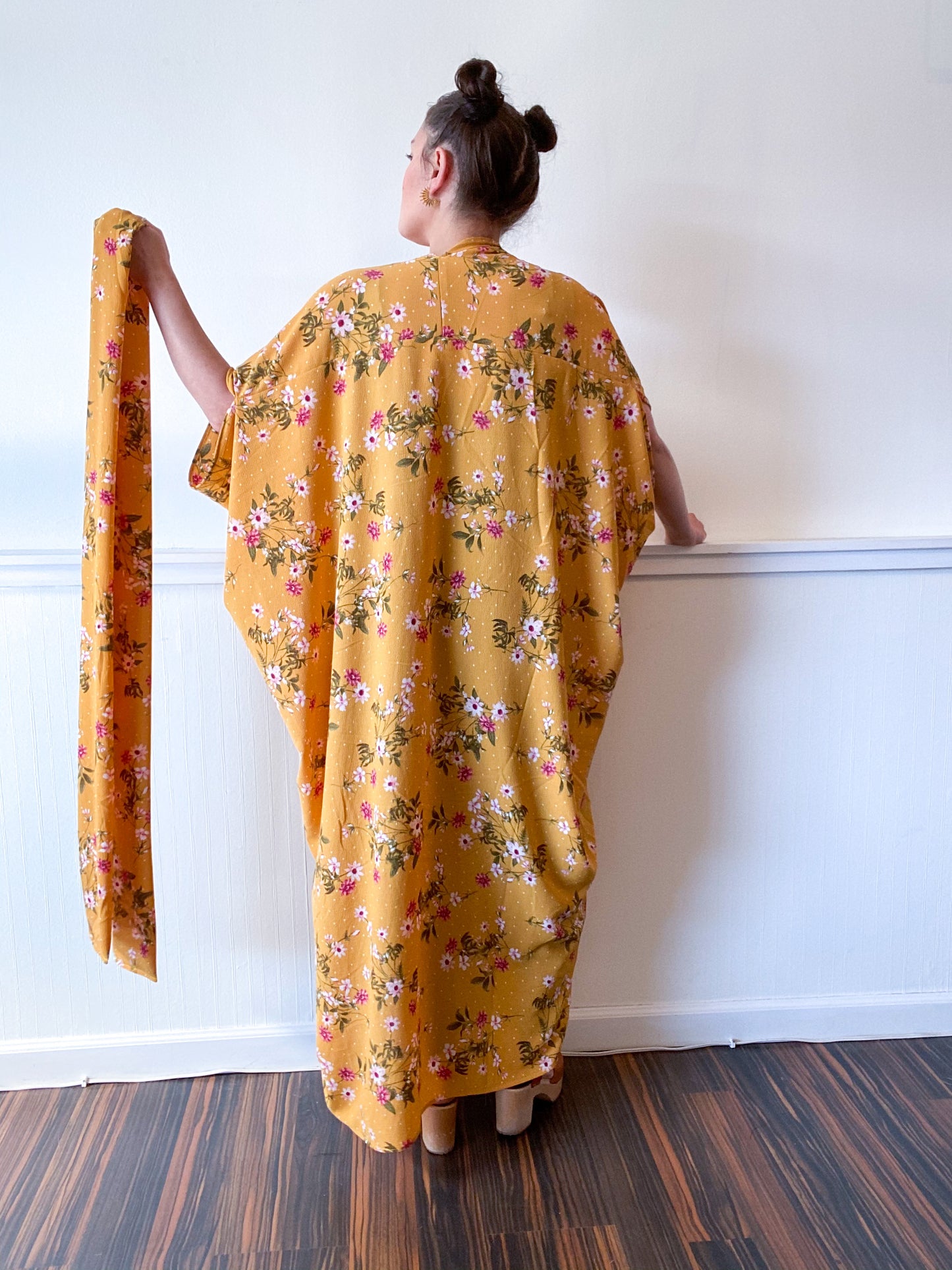 High Low Kimono Mustard Mini Floral Bubble Crepe