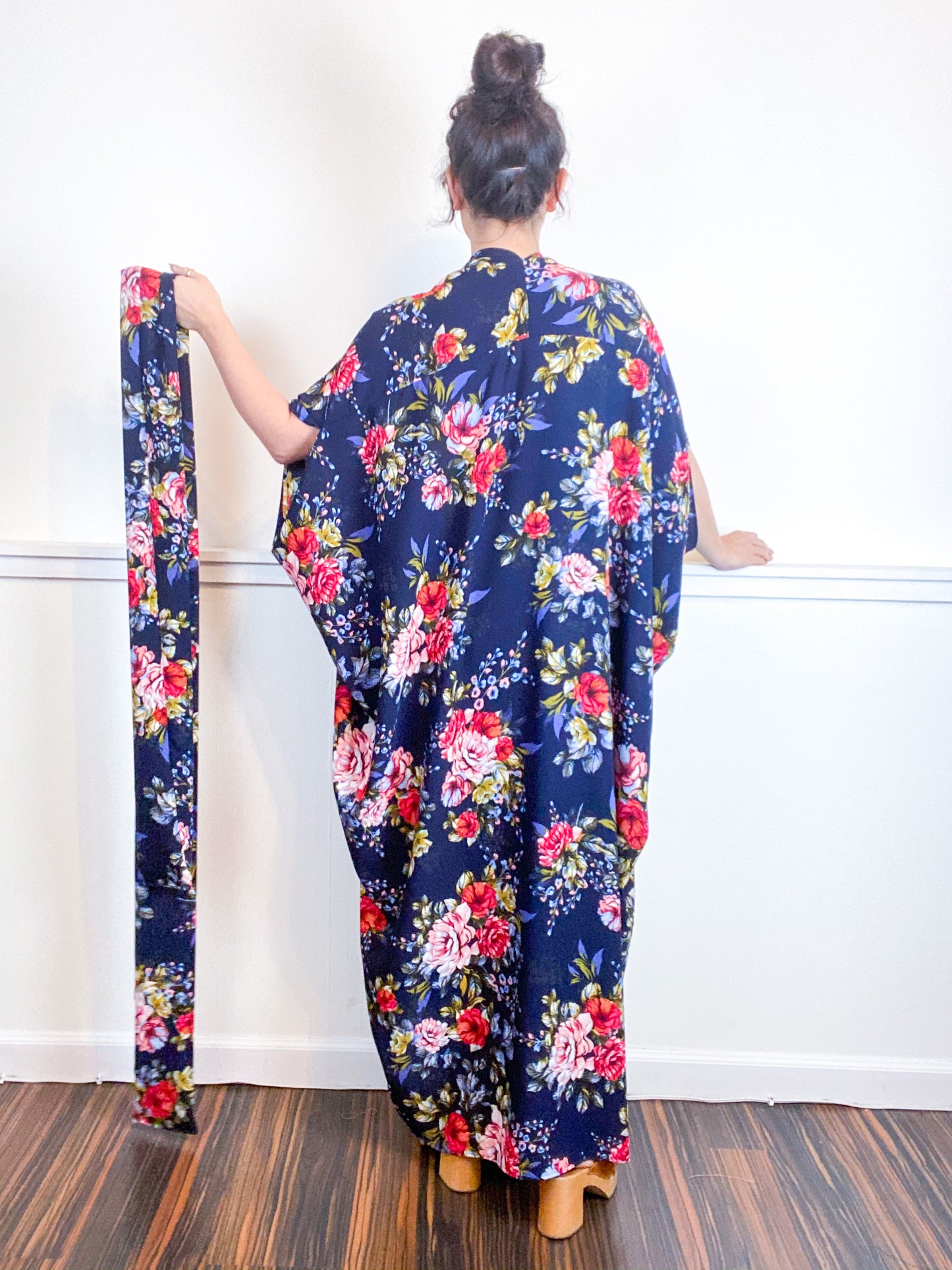 Print High Low Kimono Navy Bouquet Floral Bubble Crepe