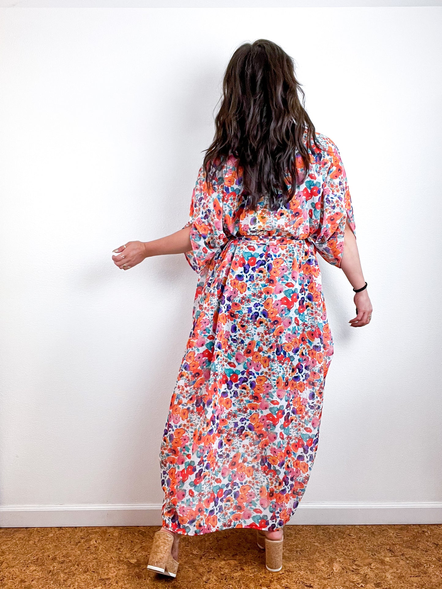 Print High Low Kimono Coral Mini Floral Chiffon