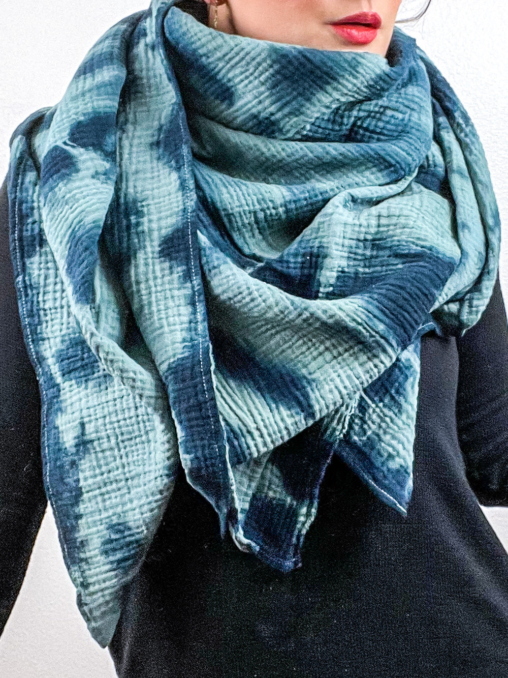 Hand-Dyed Cotton Blanket Scarf Sage Teal Lines