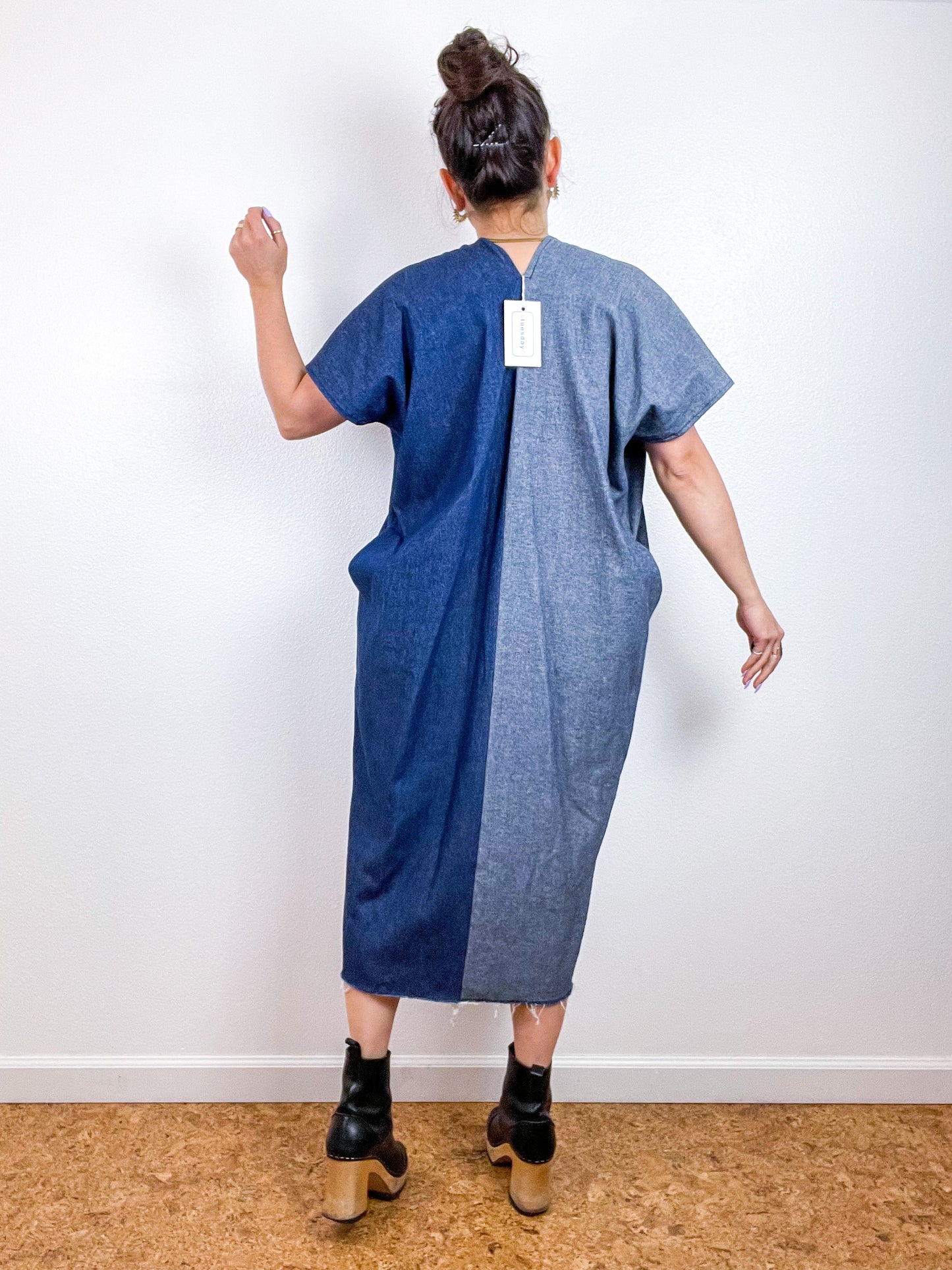 Denim Smock Dress Midi Two Tone