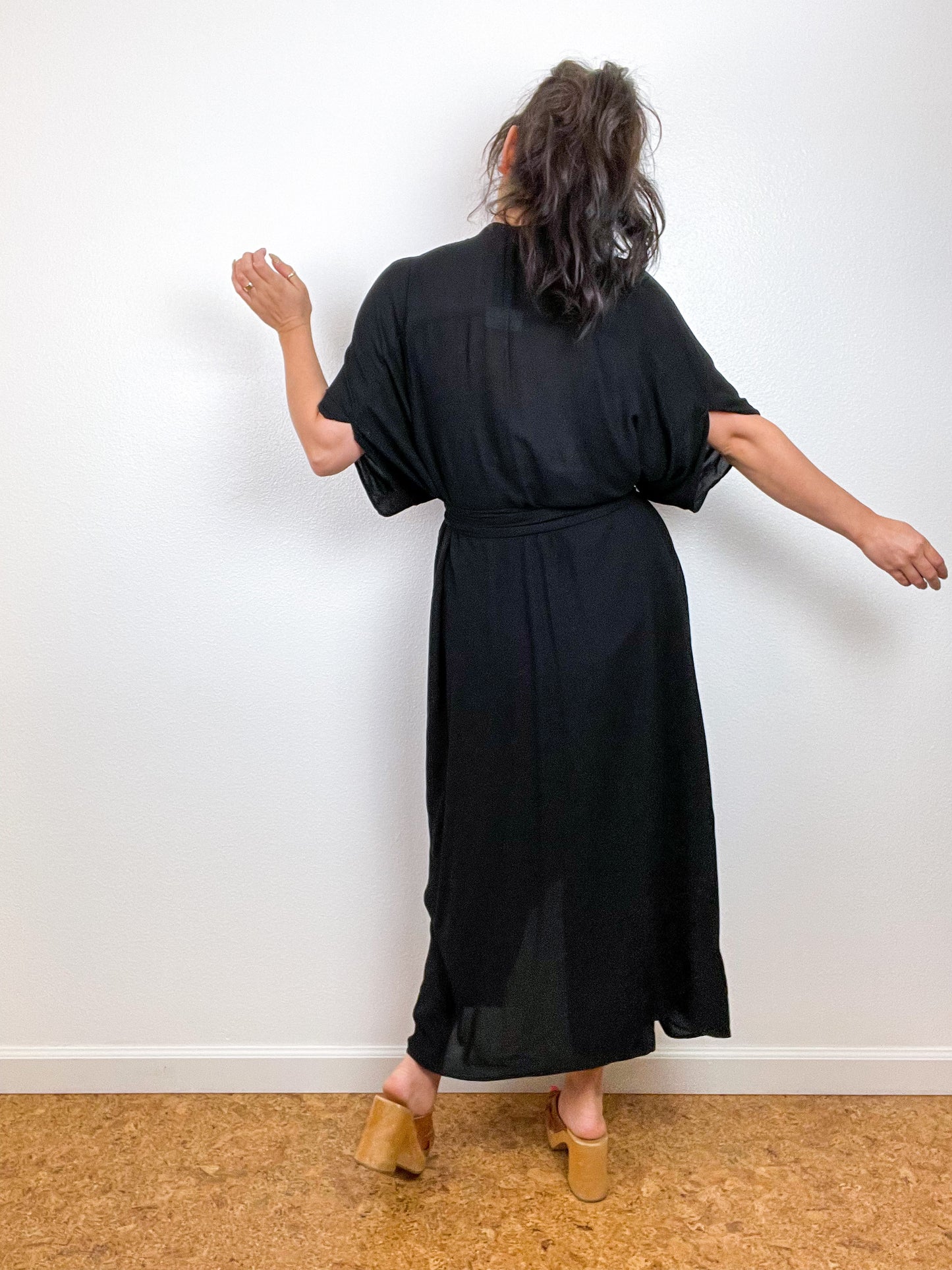 Solid High Low Kimono Black Rayon Gauze