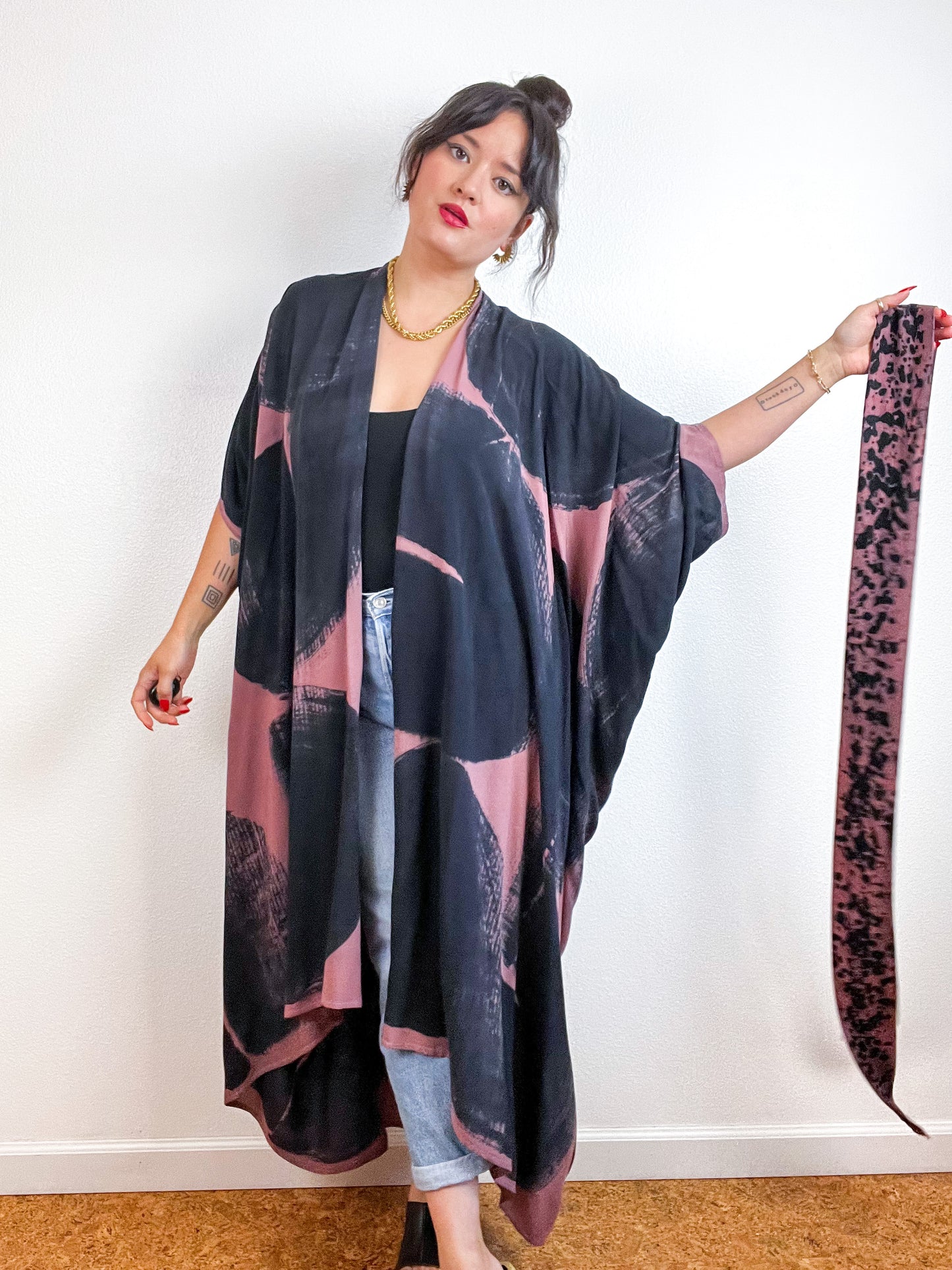 Hand-Dyed High Low Kimono Dusty Rose Black Brushstroke
