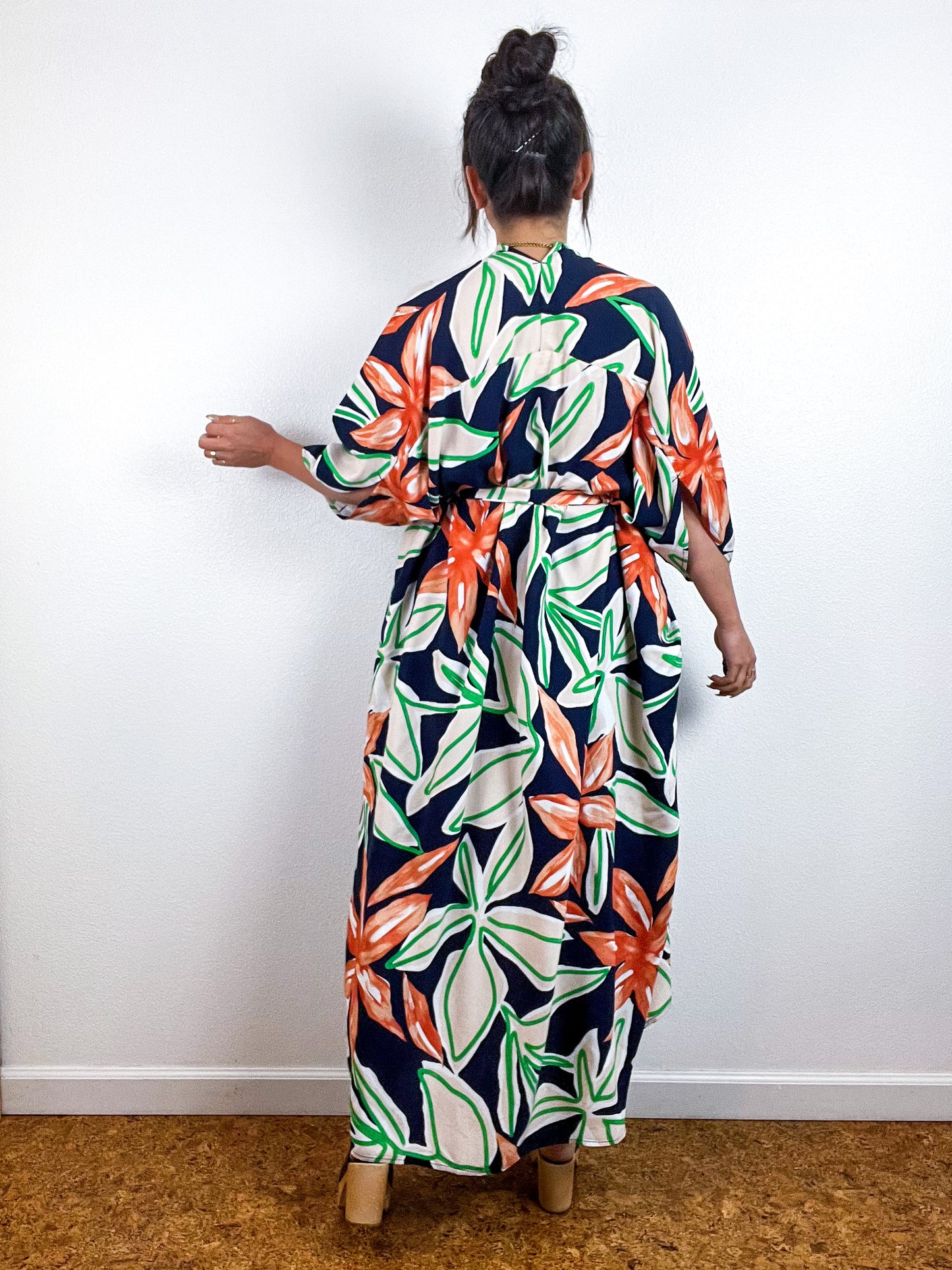 Print High Low Kimono Navy Green Rust Large Floral Challis