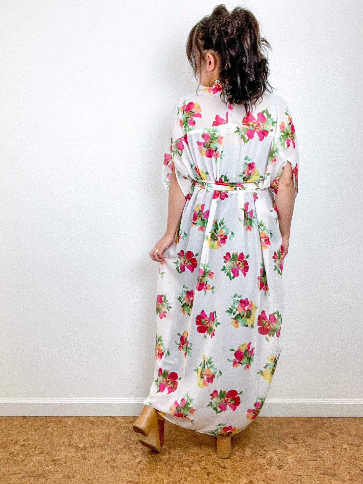Print High Low Kimono White Floral Chiffon
