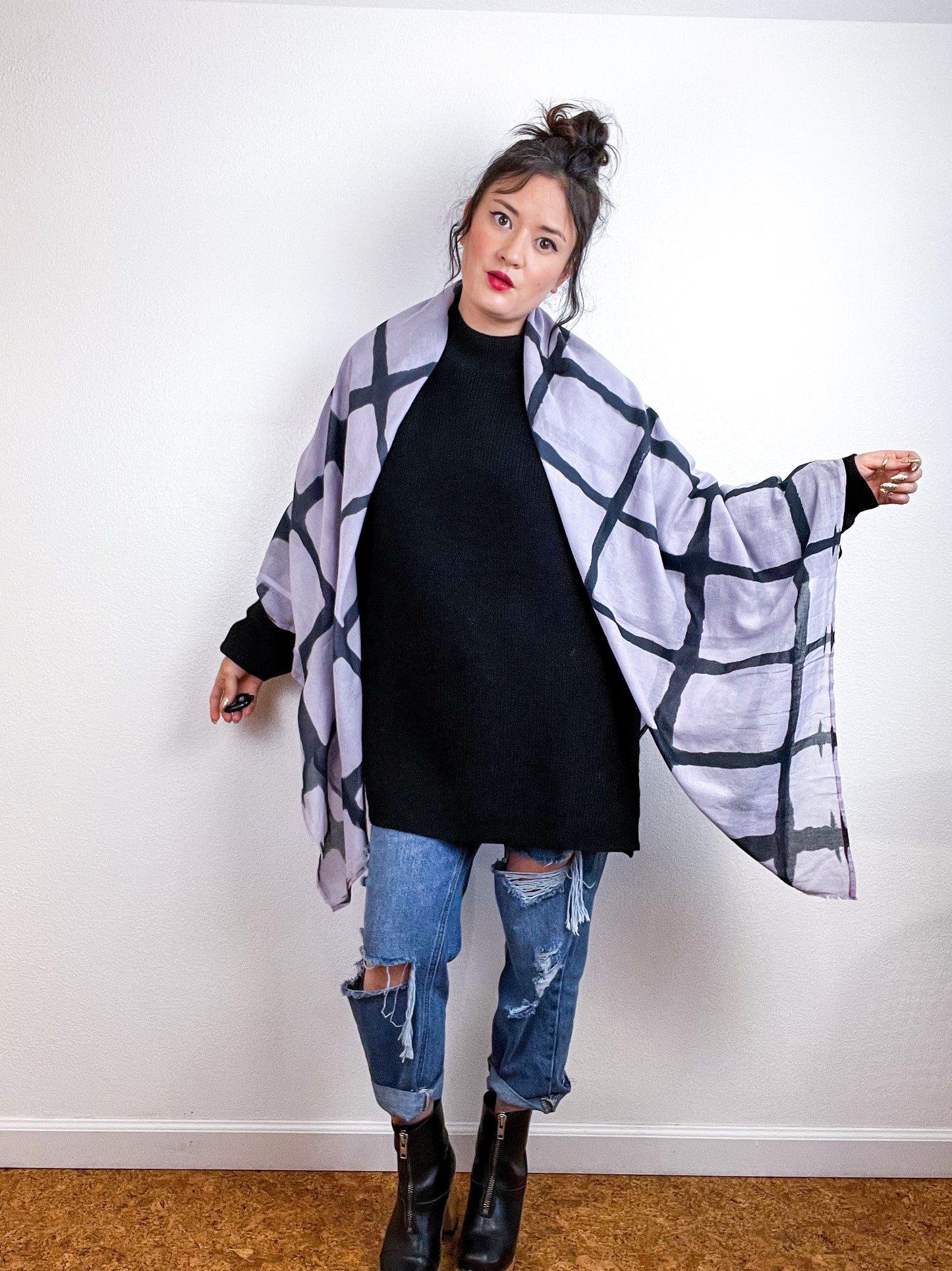 Hand-Dyed Cotton Voile Scarf Wisteria Black Windowpane