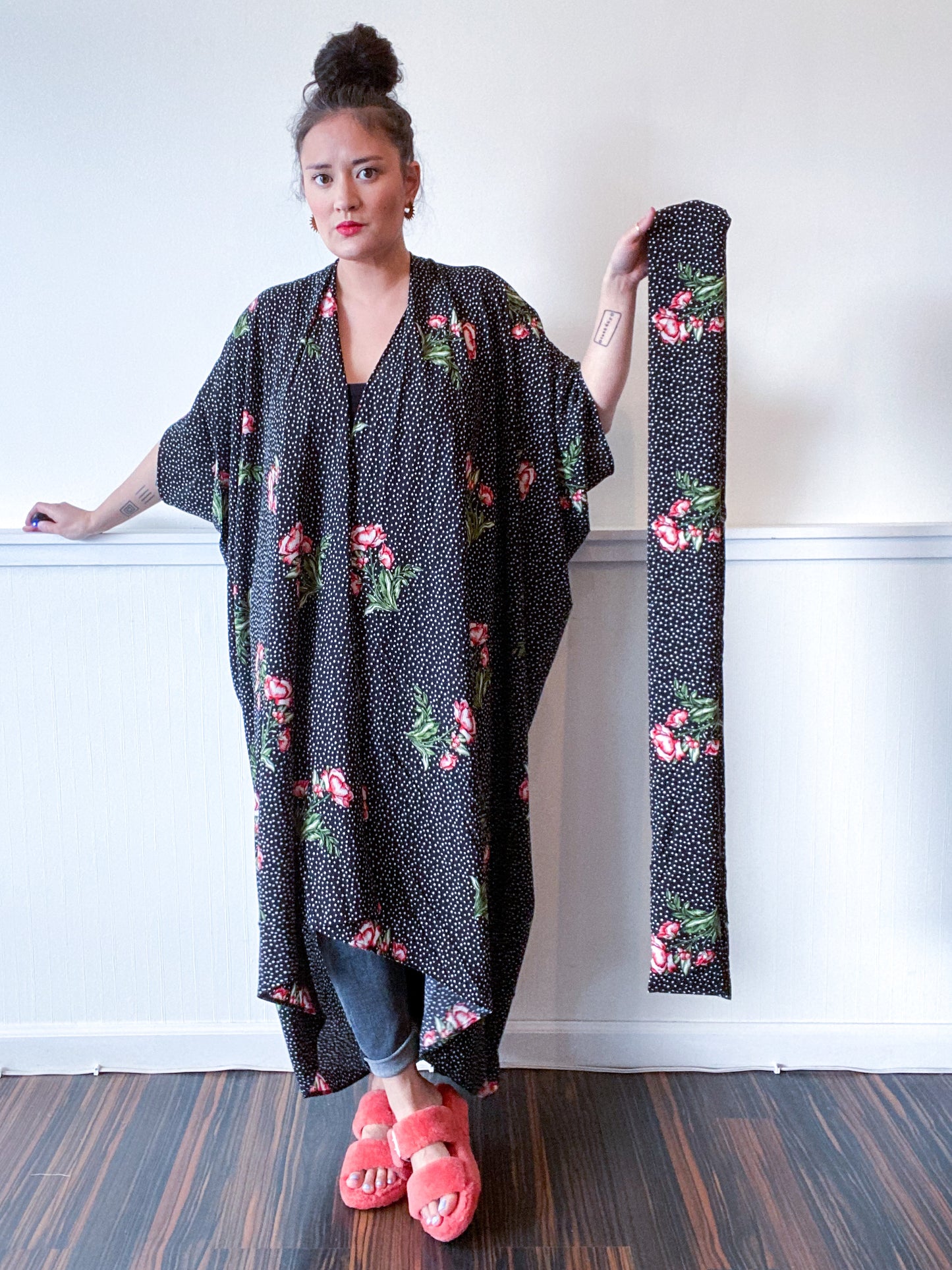 High Low Kimono Black Dots and Floral Bubble Crepe