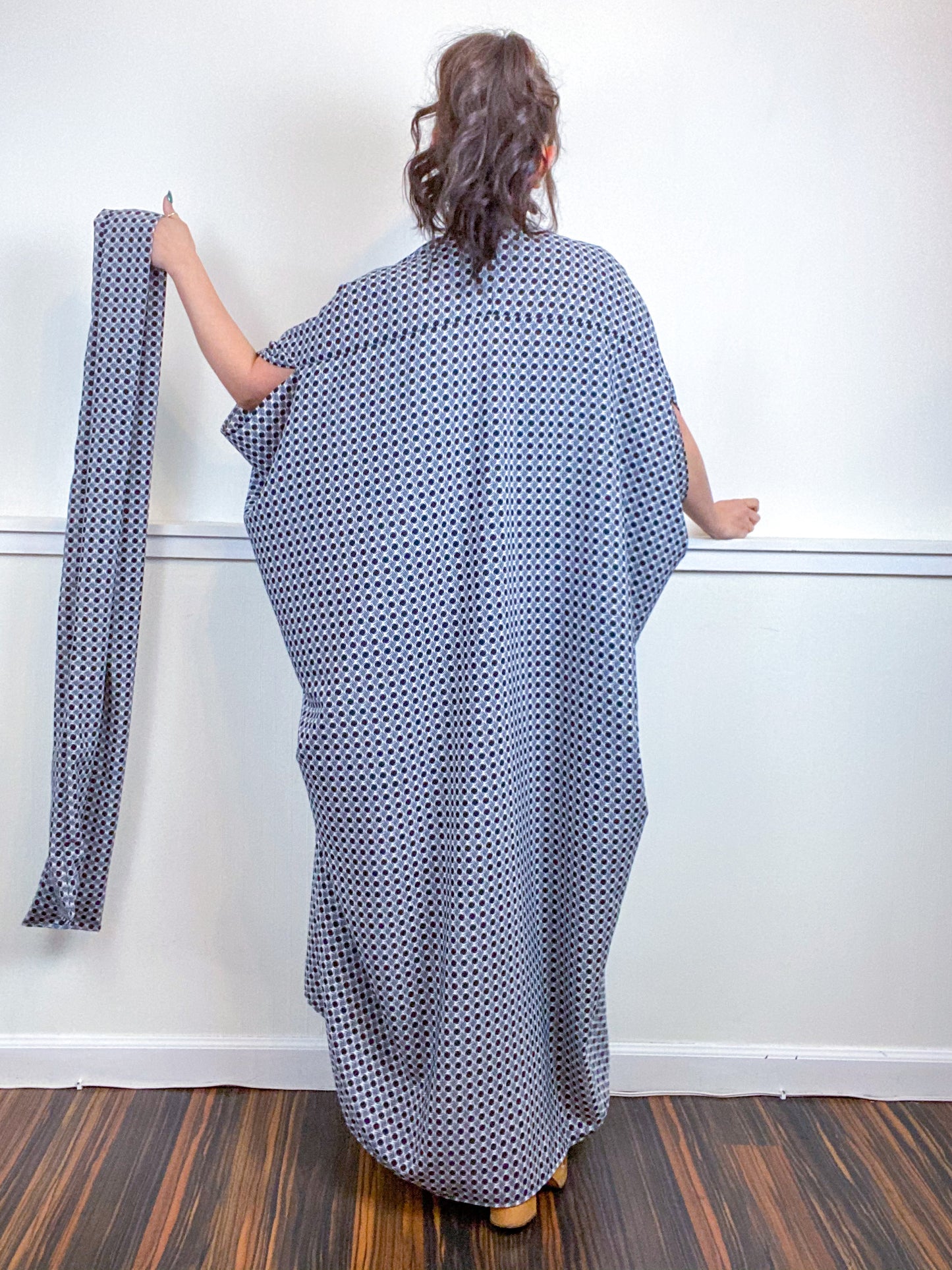 Print High Low Kimono Black White Deco Dots Crepe