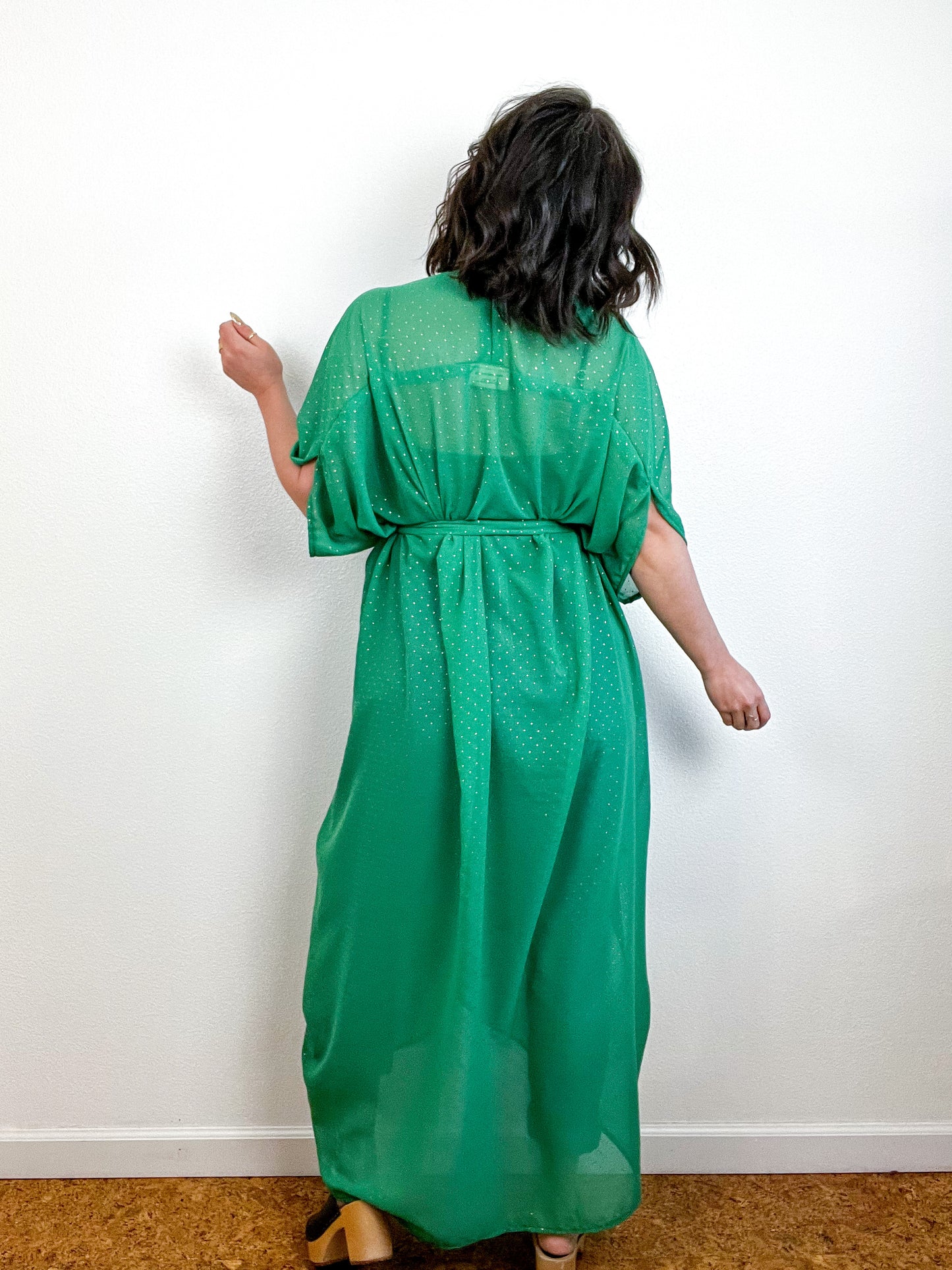 Print High Low Kimono Green Gold Pindot Chiffon