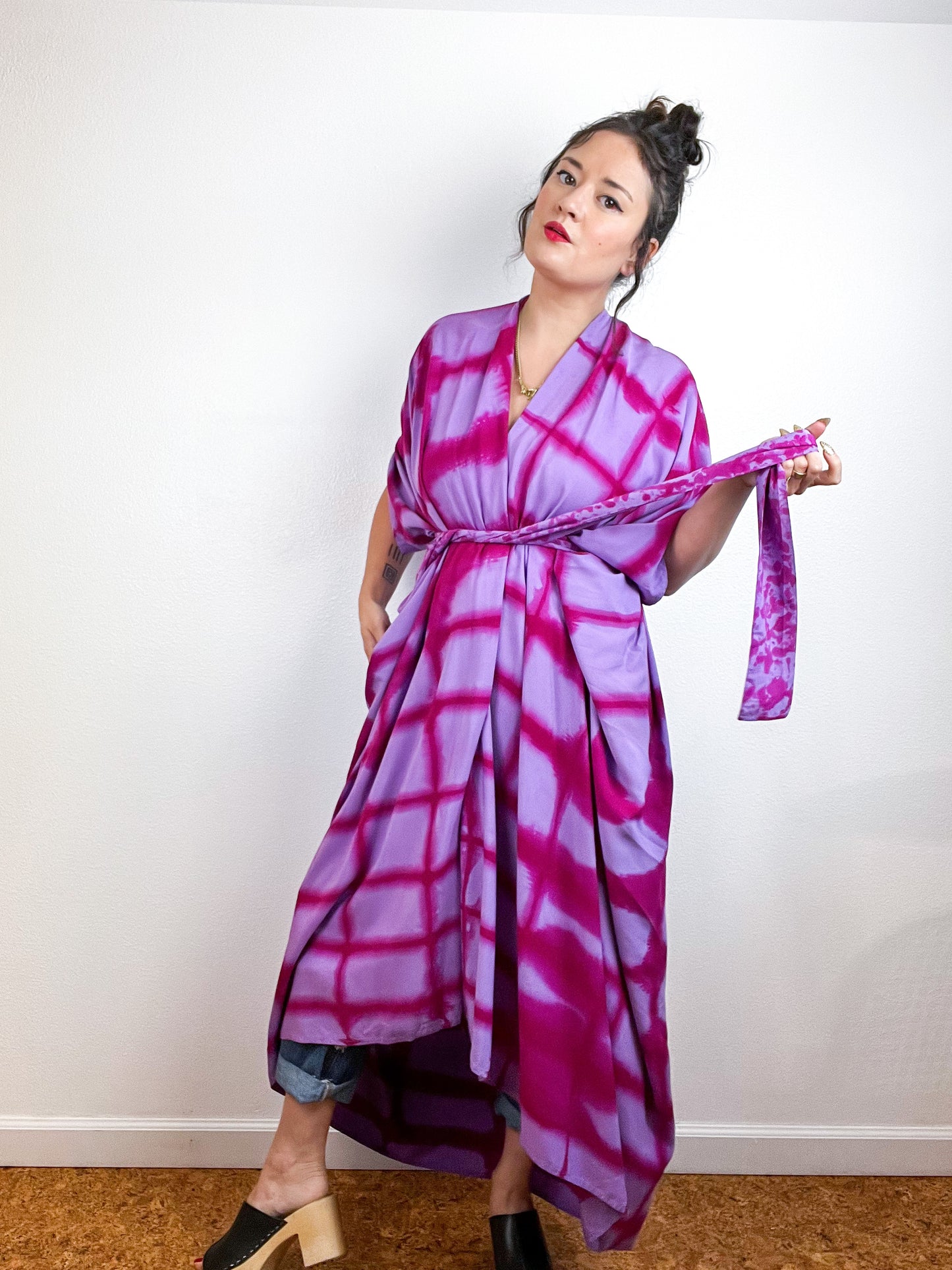 Hand-Dyed High Low Kimono Lilac Fuchsia Windowpane