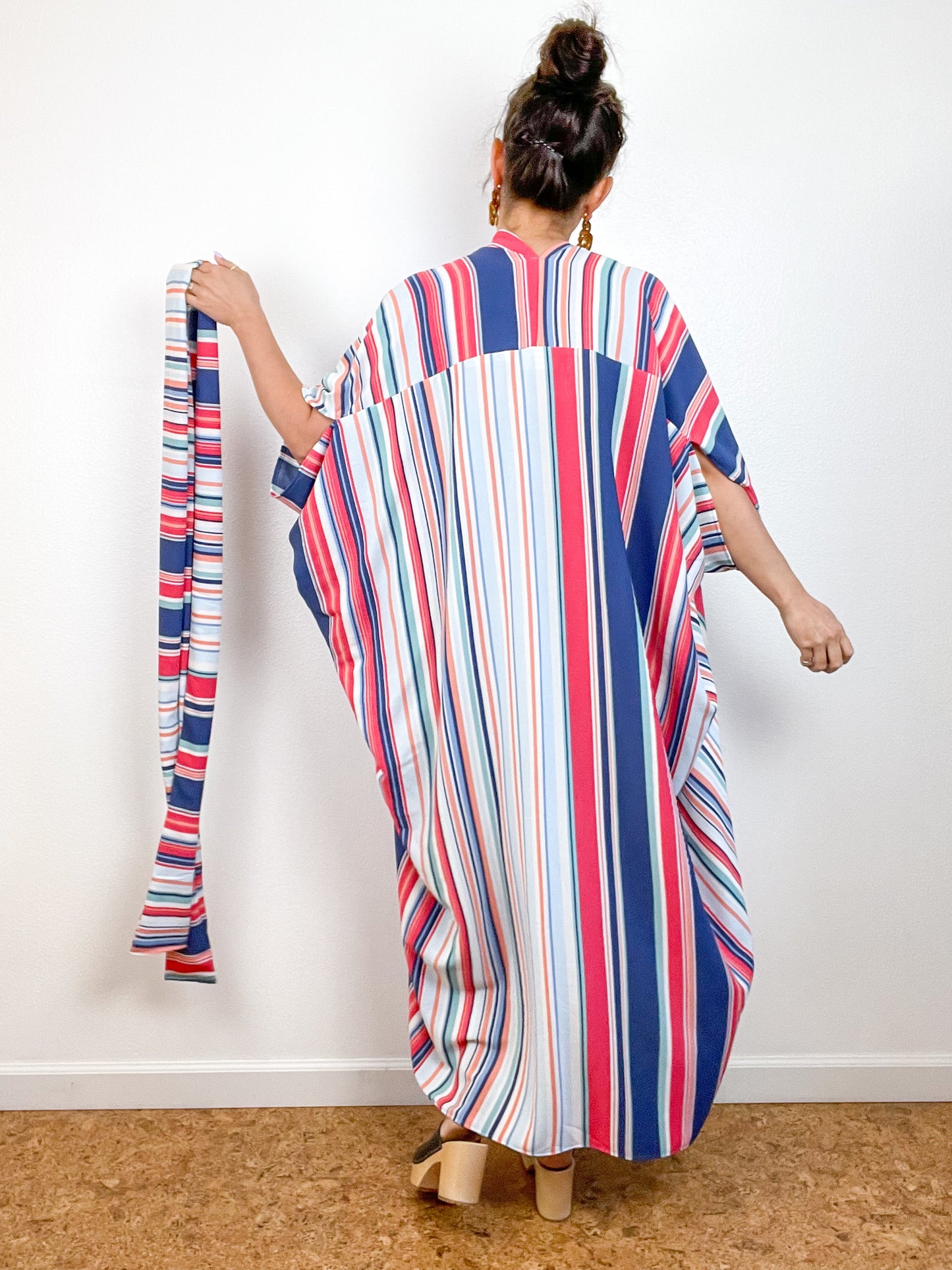 Print High Low Kimono Pastel Stripes Rayon Crepe