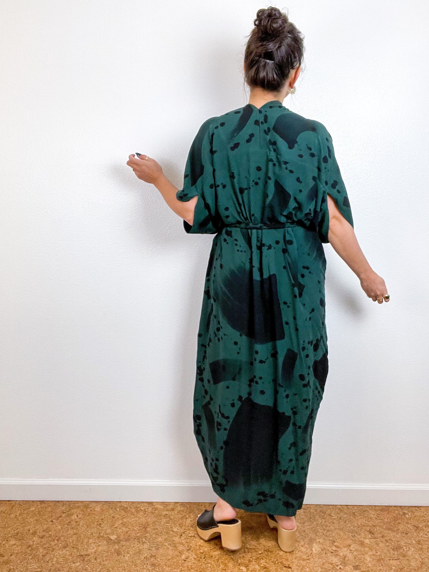 Hand-Dyed High Low Kimono Emerald Black Confetti