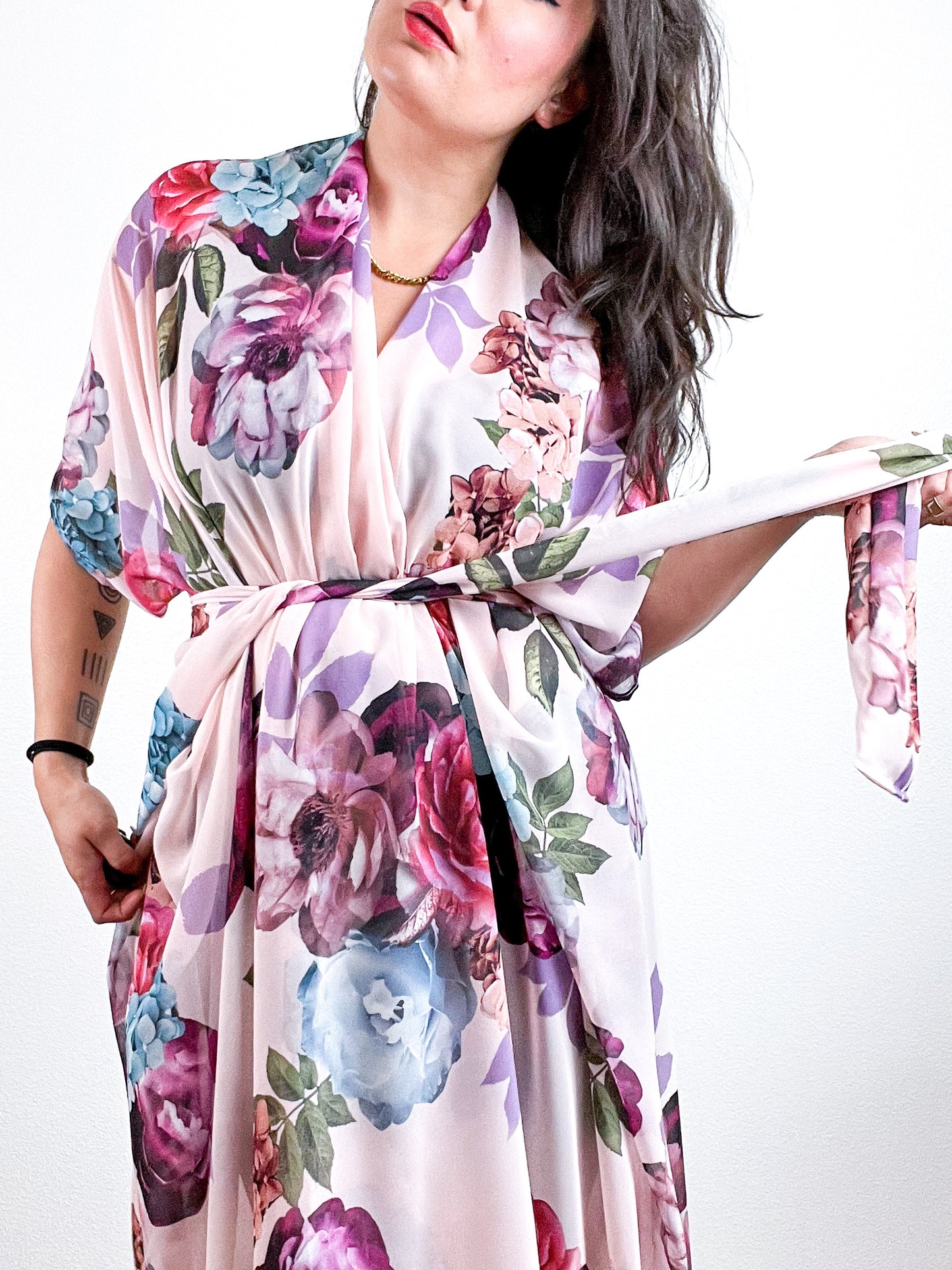 Print High Low Kimono Blush Large Bouquet Floral Chiffon