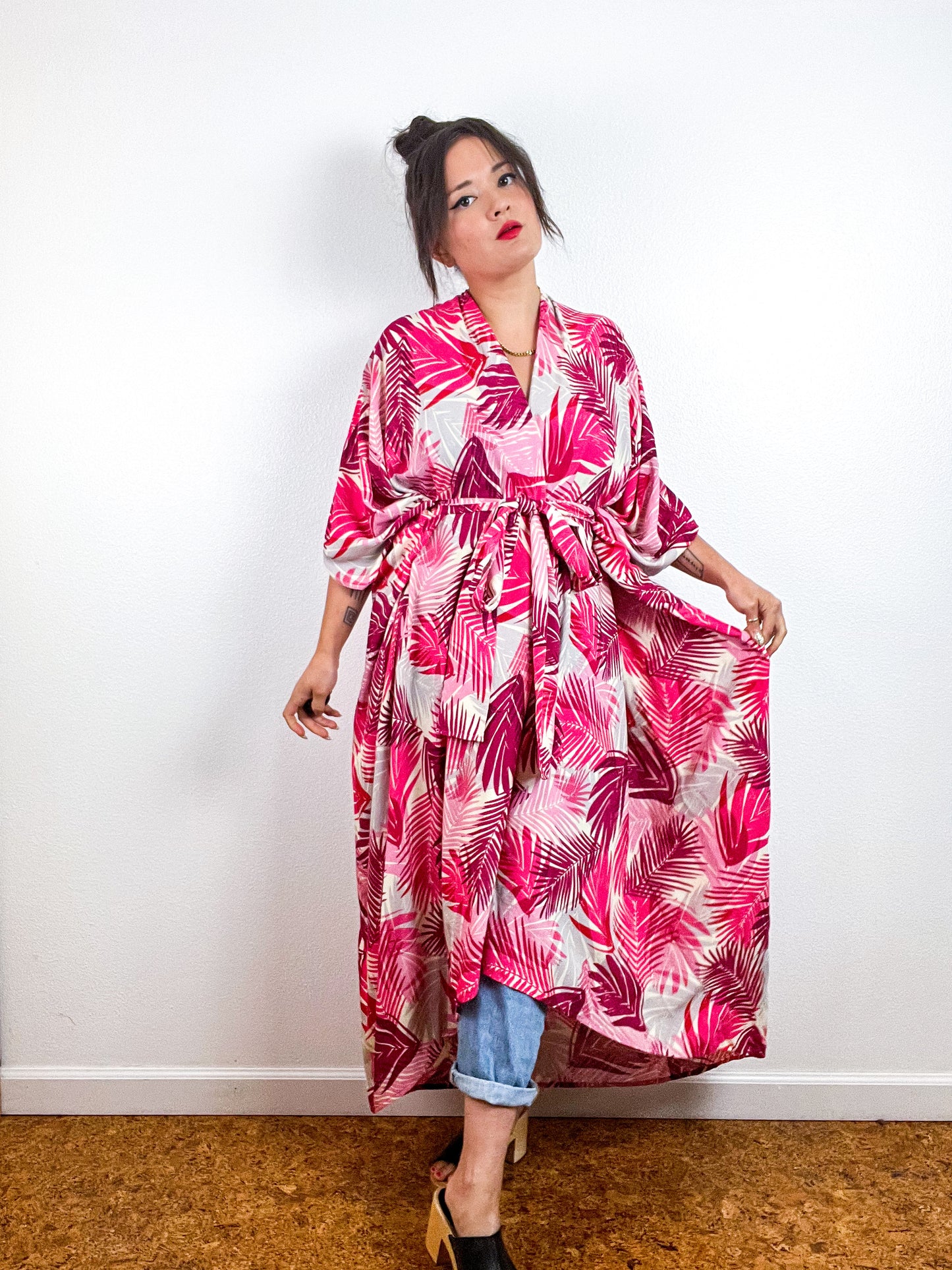 High Low Kimono Pink Palms Challis