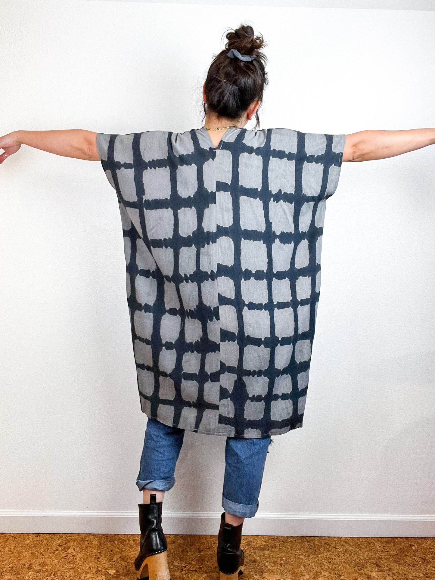 Hand-Dyed Mini Smock Dress Grey Black Windowpane