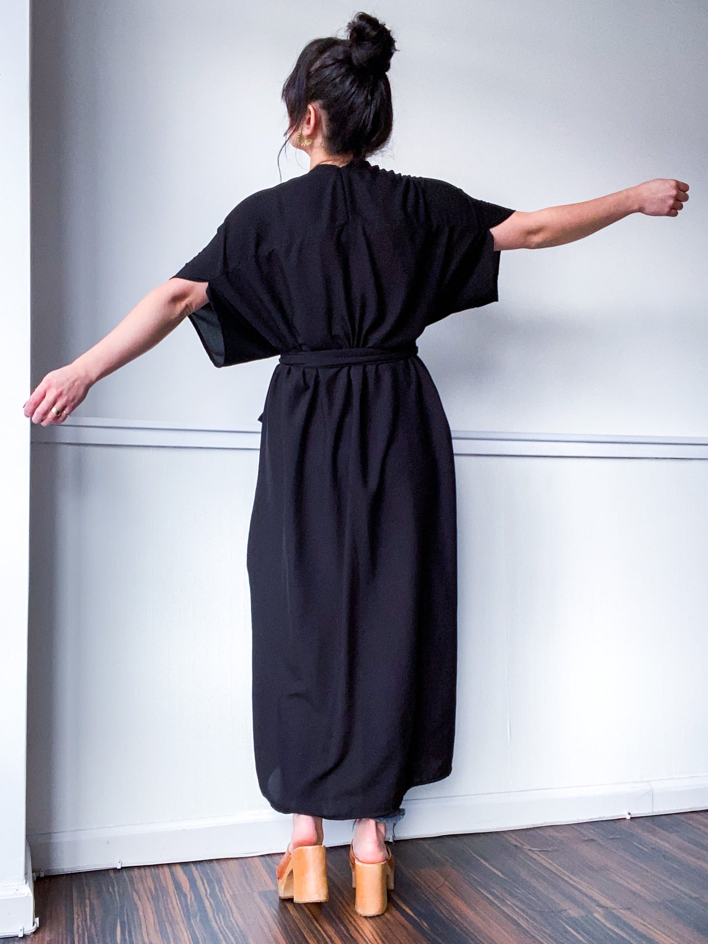 Solid High Low Kimono Black Rayon Challis