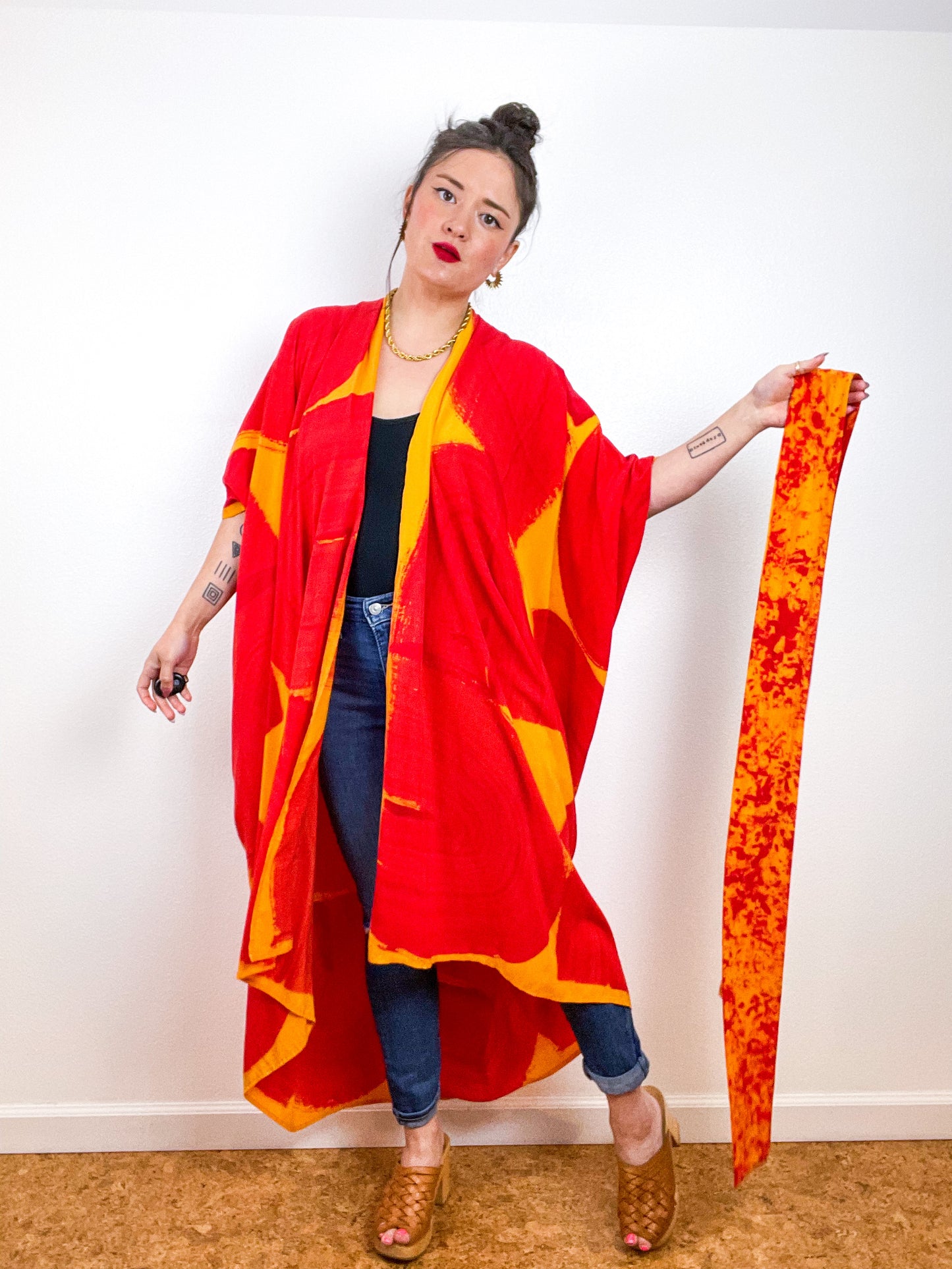 Hand-Dyed High Low Kimono Marigold Scarlet Brushstroke