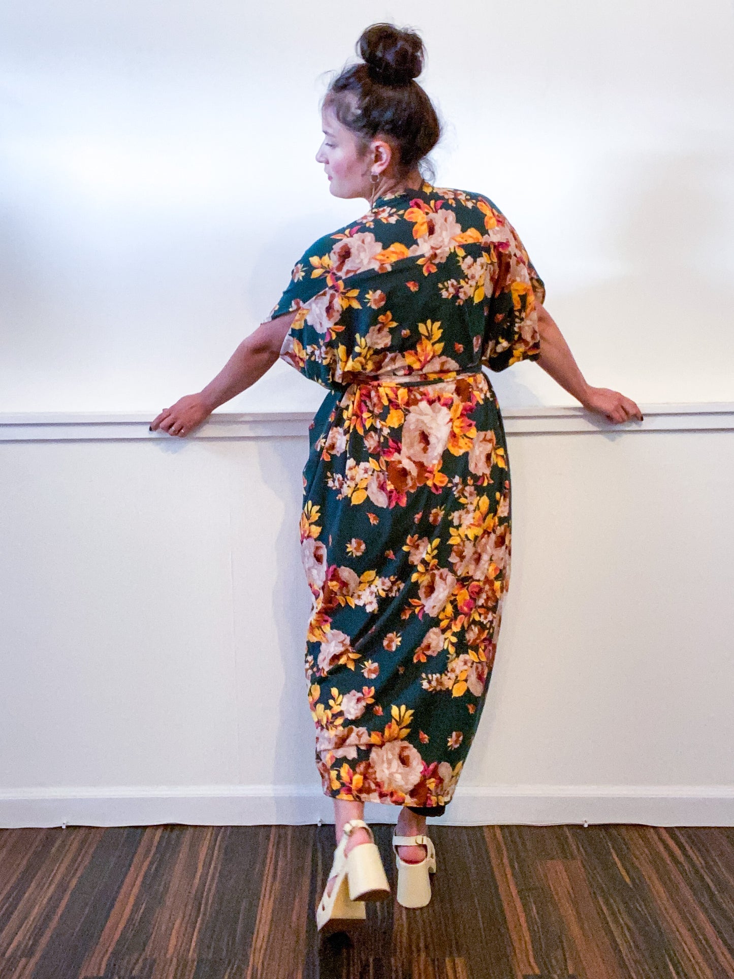 Print High Low Kimono Forest Green Rose Floral Knit