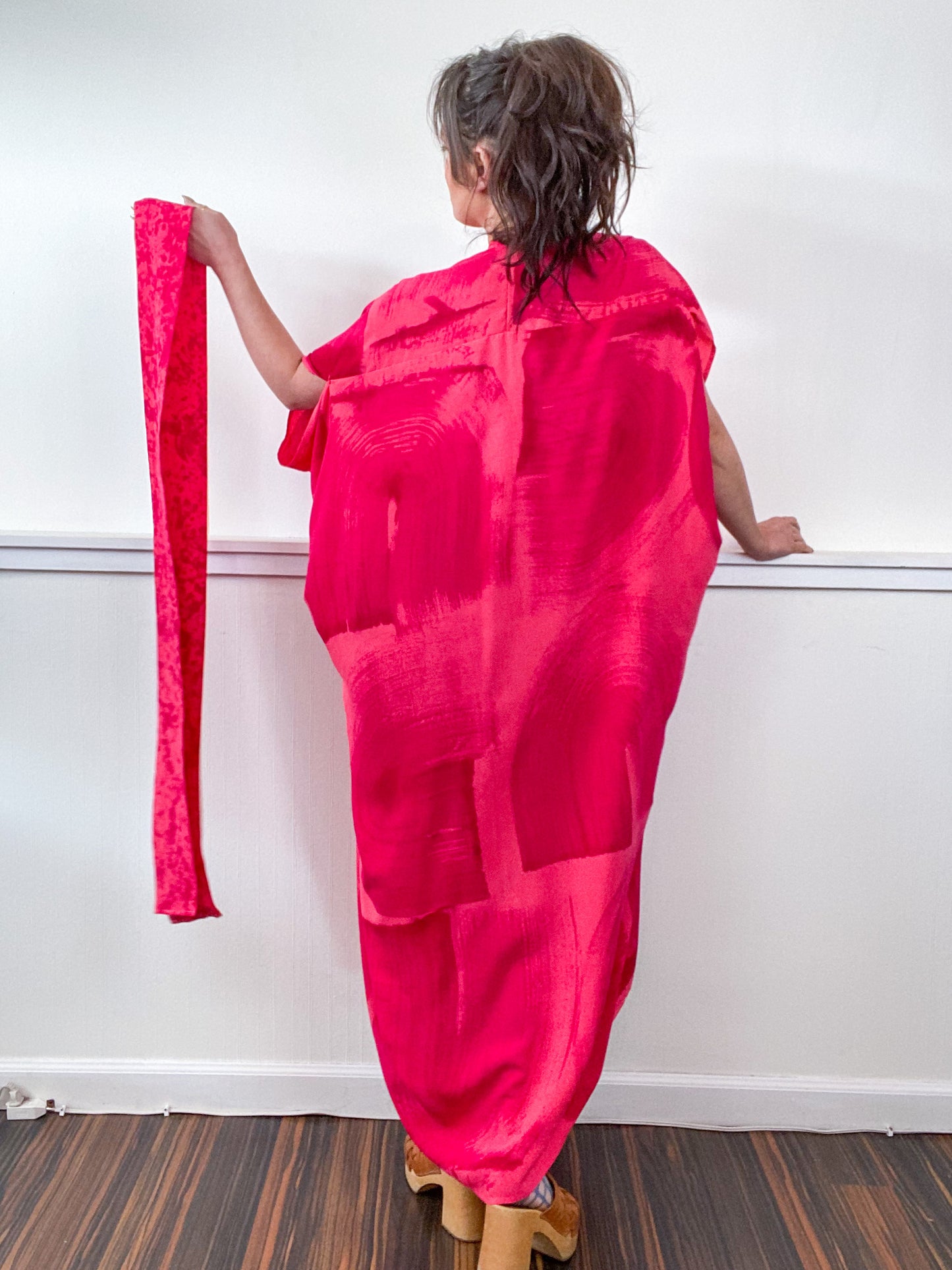 Hand-Dyed High Low Kimono Coral Fuchsia Brushstroke