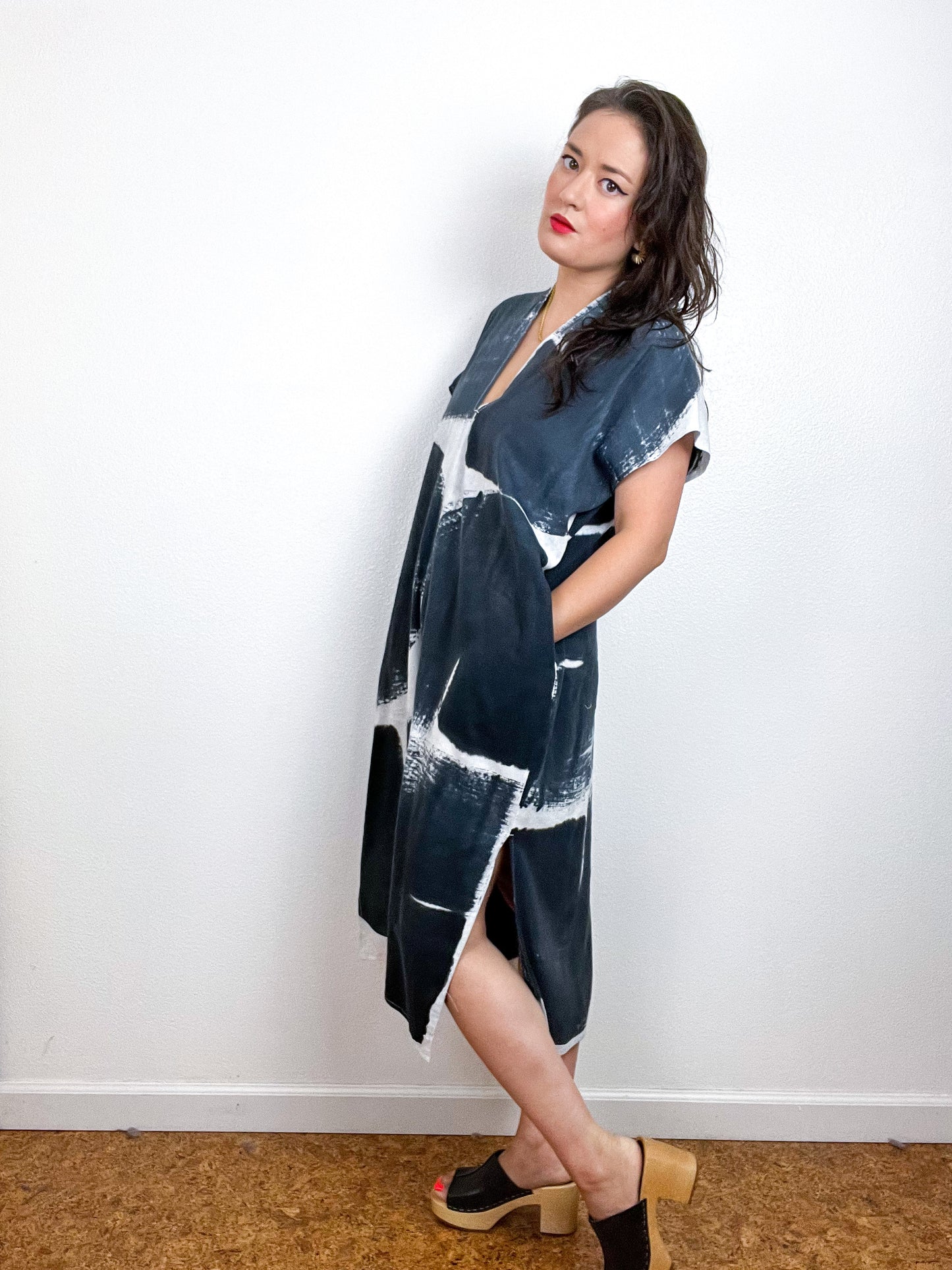 Hand-Dyed Midi Smock Dress White Black Brush
