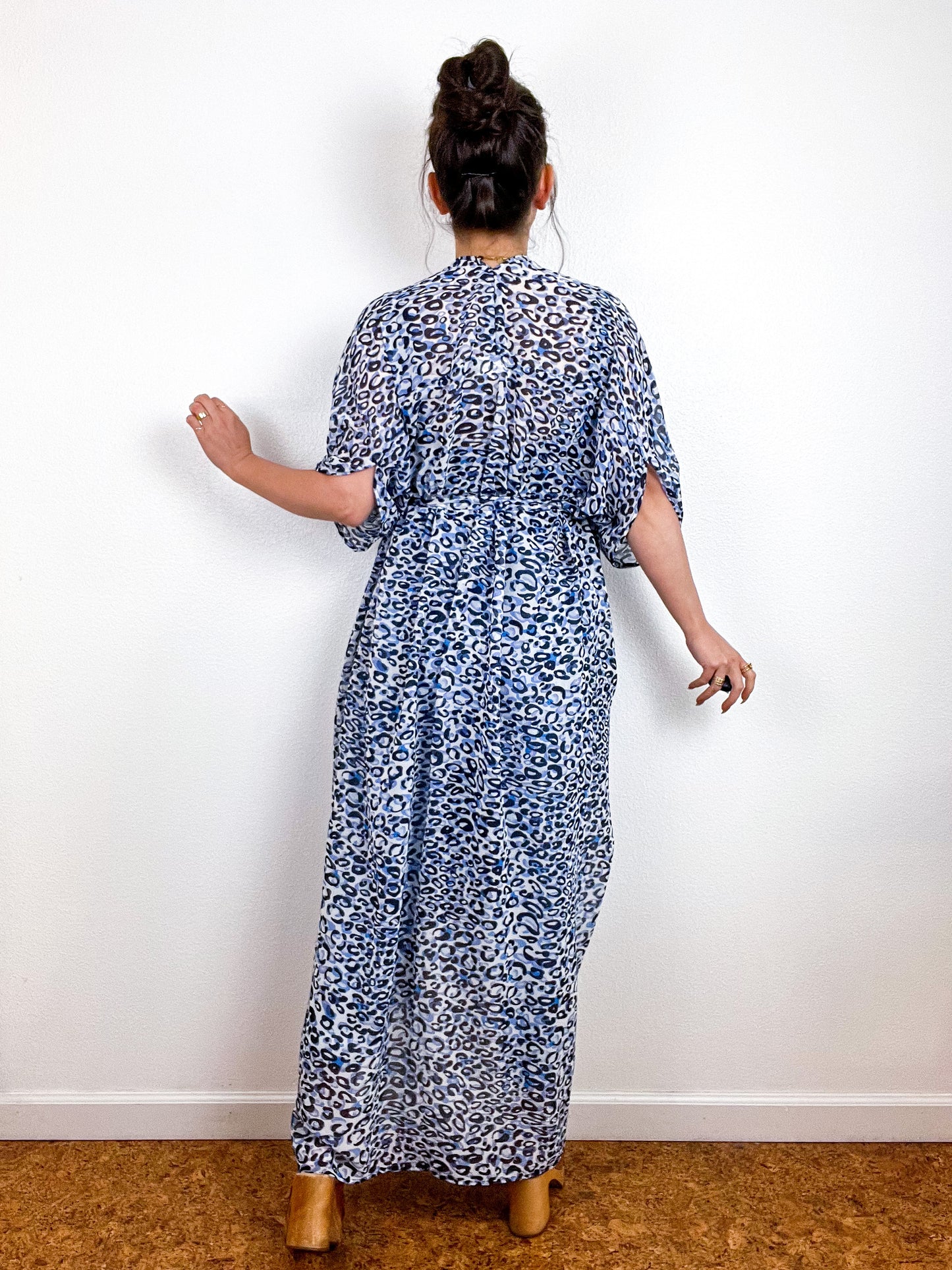 Print High Low Kimono Blue Leopard Chiffon